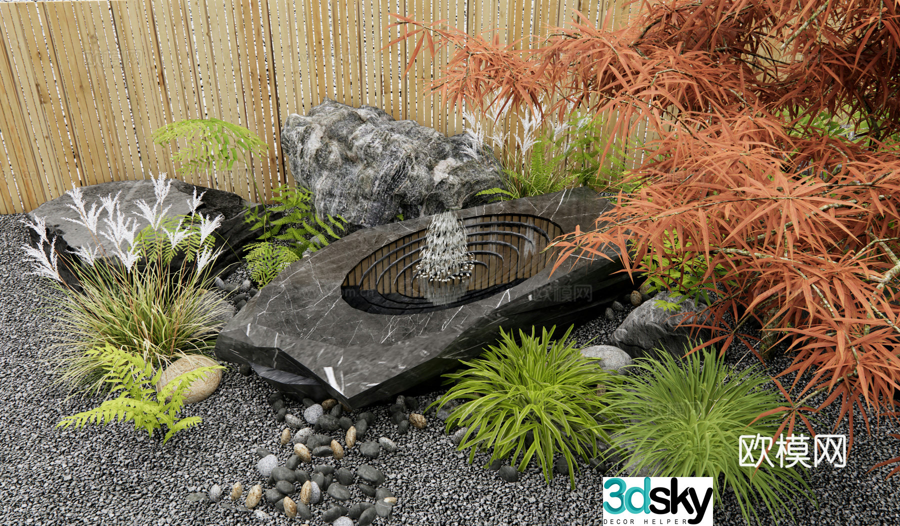 Japanese waterscape water bowl flowing water ornament stone mortar waterscape landscape stone red maple feather maple 3d model