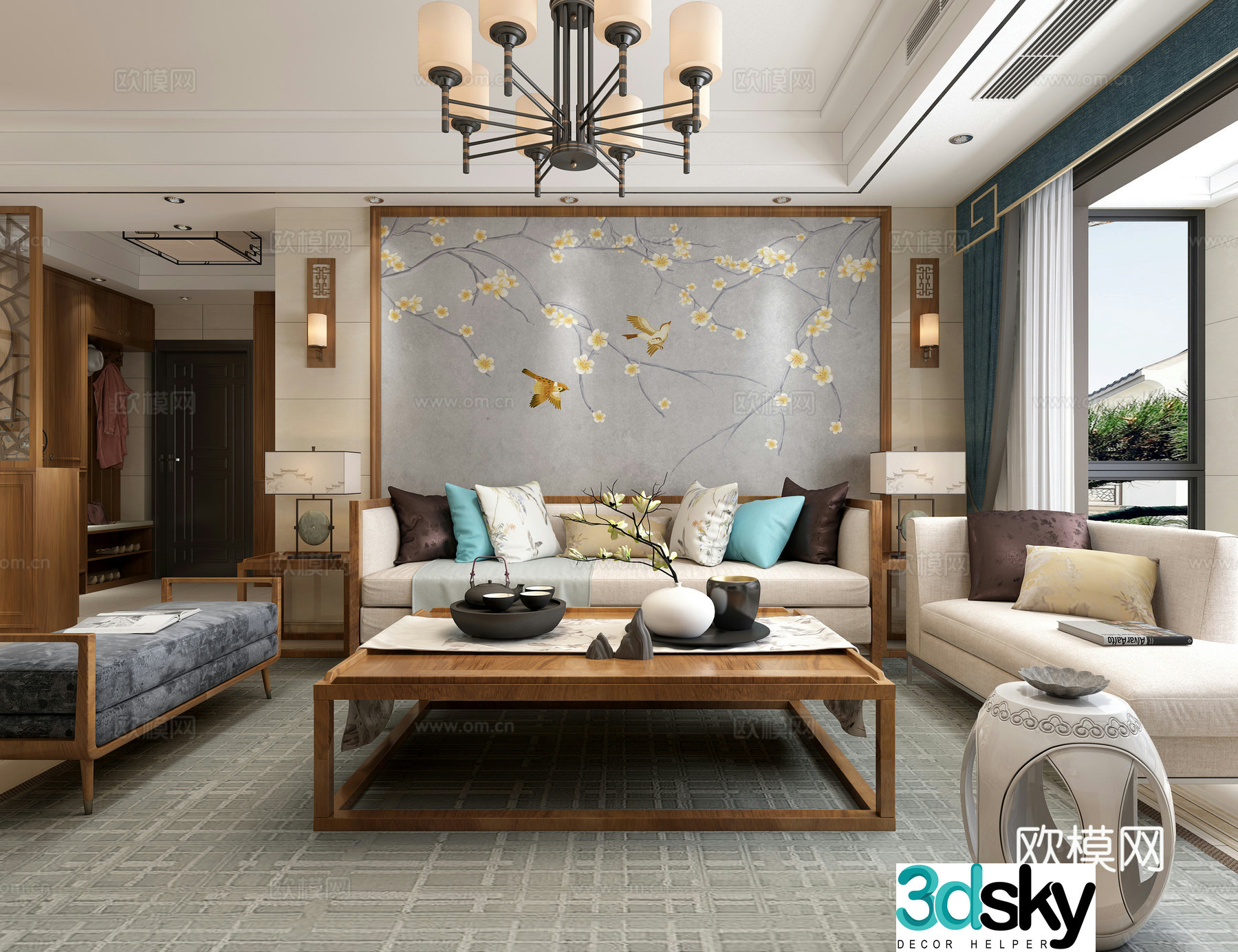 New Chinese style living and dining room sofa and coffee table dining table and chairs hanging paintings objects ornaments chandeliers 3D model