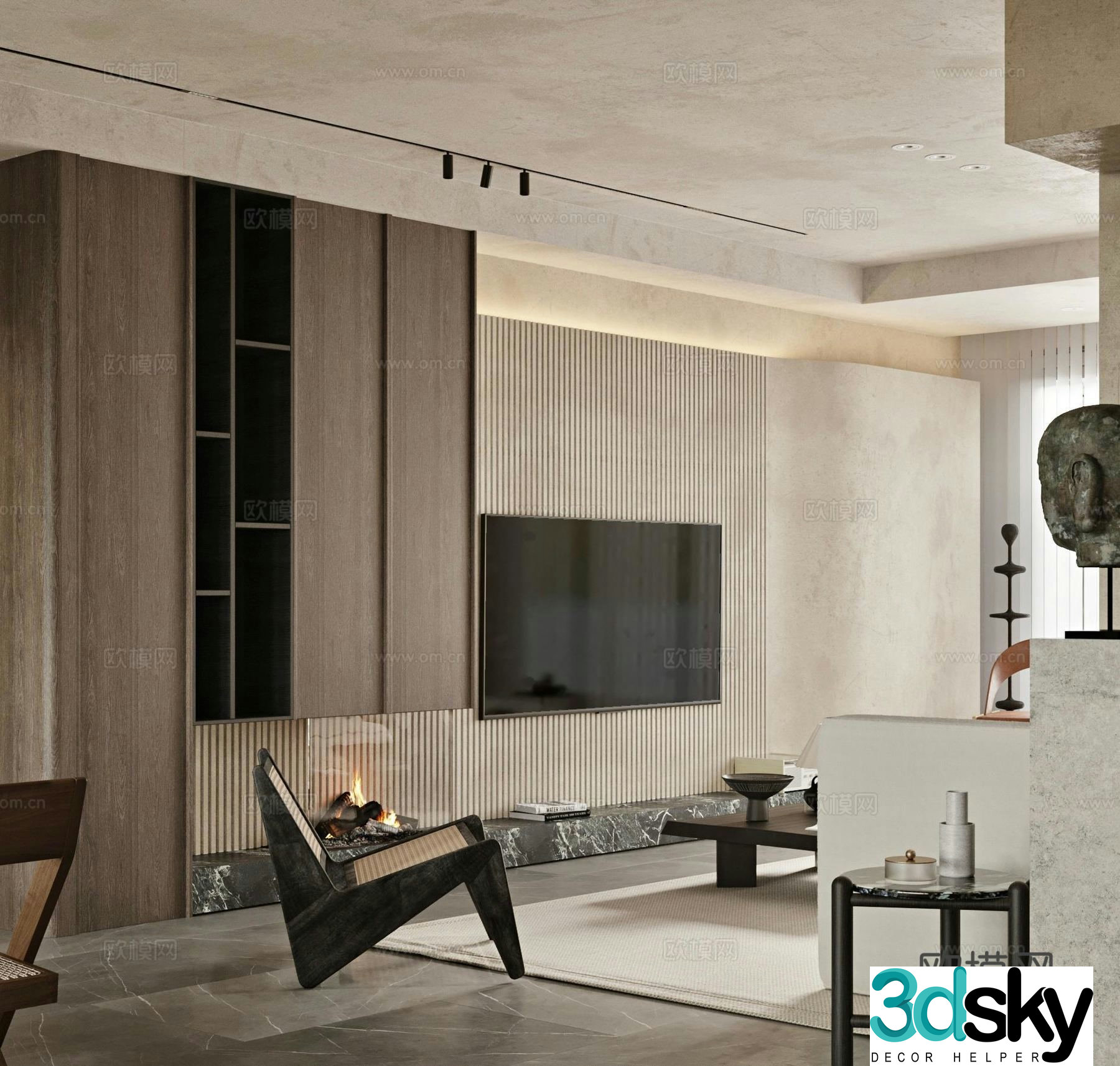Wasabi Japanese style living room sofa combination retro leisure chair TV background wall 3d model