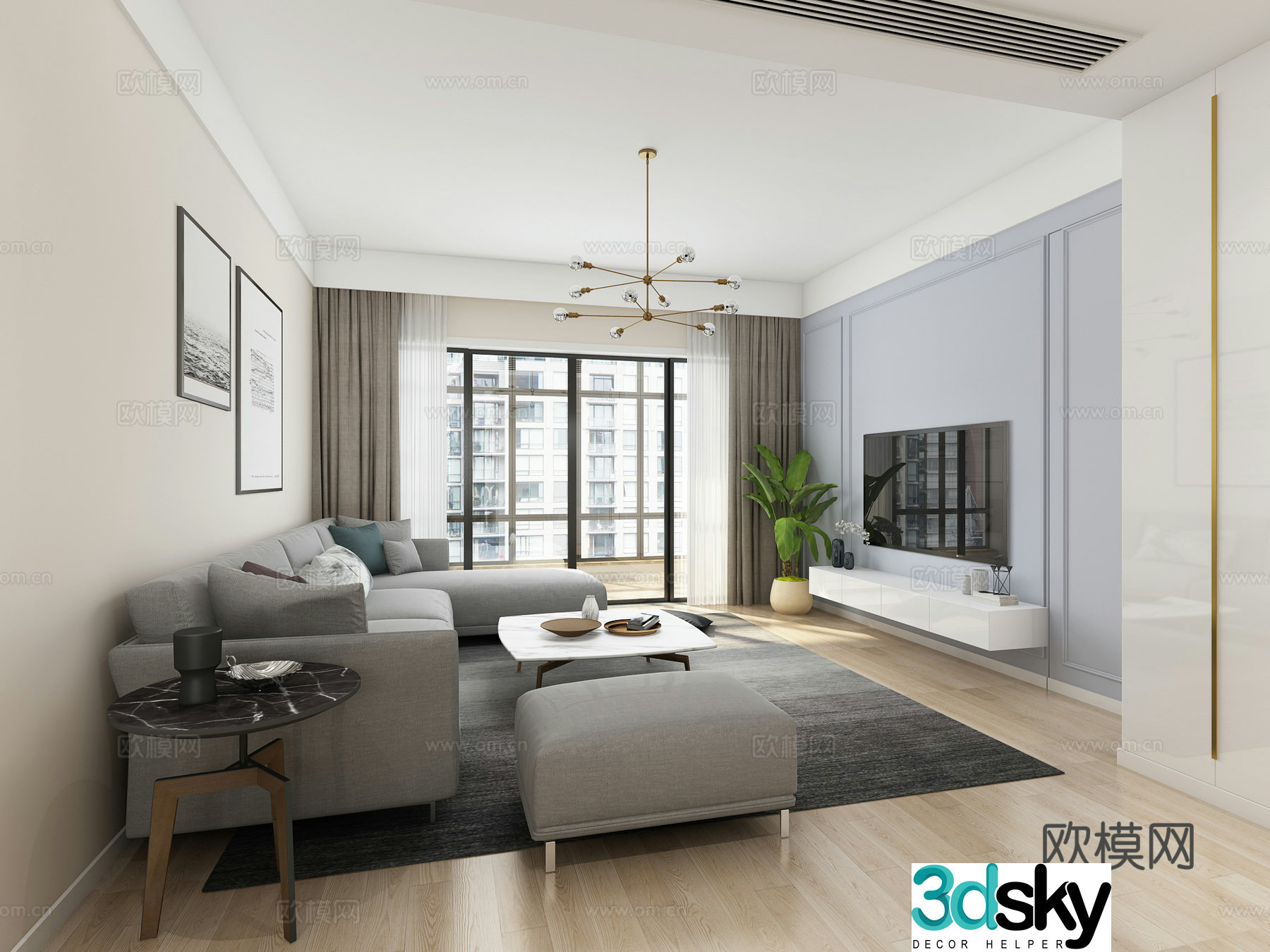 Modern living room and dining room chandeliers multi-person sofa single sofa coffee table decorative cabinet hanging 3D model