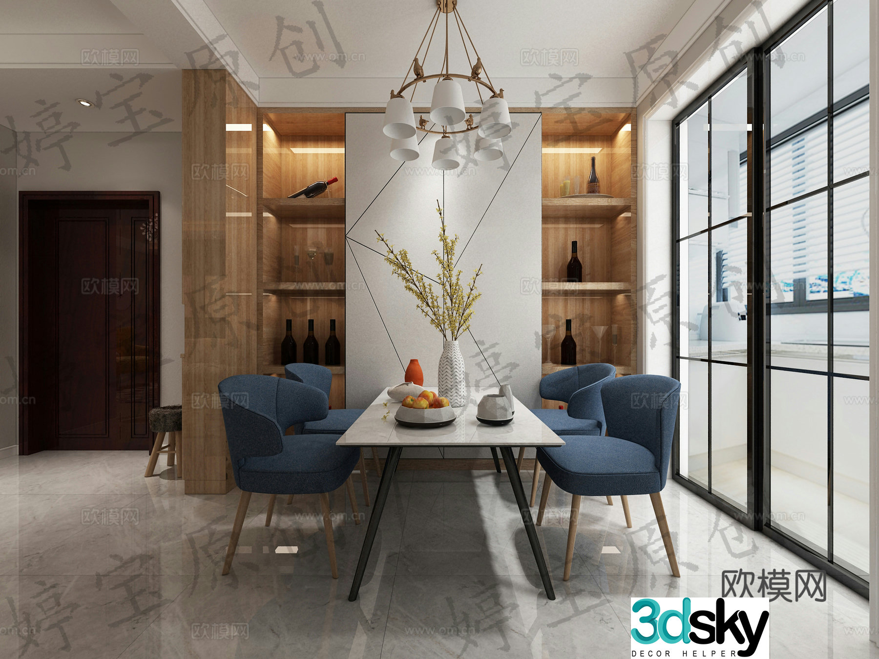 Nordic living restaurant chandeliers multi-person sofa coffee table single sofa wine cabinet dining table 3D model
