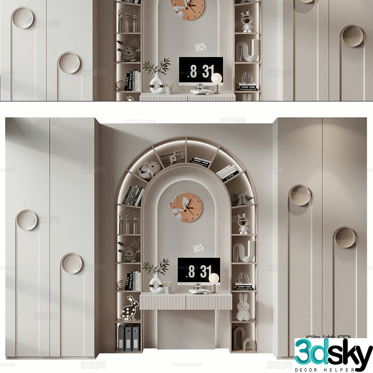Modern cream style children’s bookcase children’s wardrobe combination 3D model