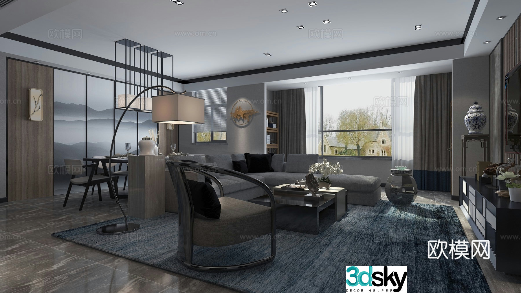 New Chinese style living room dining room living room sofa coffee table dining table living room chandeliers hanging painting 3d model