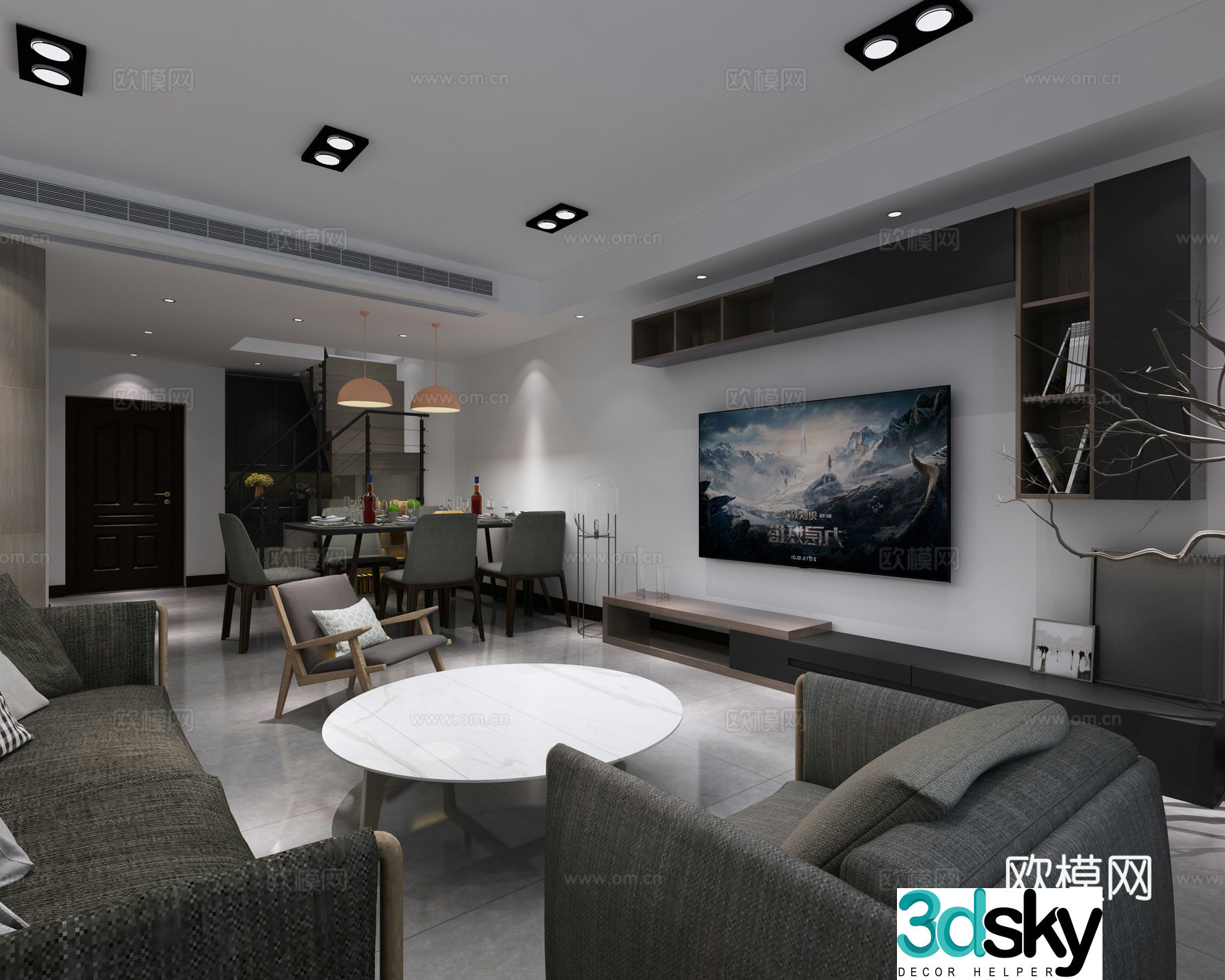 Modern living and dining room bedroom Multi-person sofa Single sofa Coffee table Storage rack Double bed 3D model
