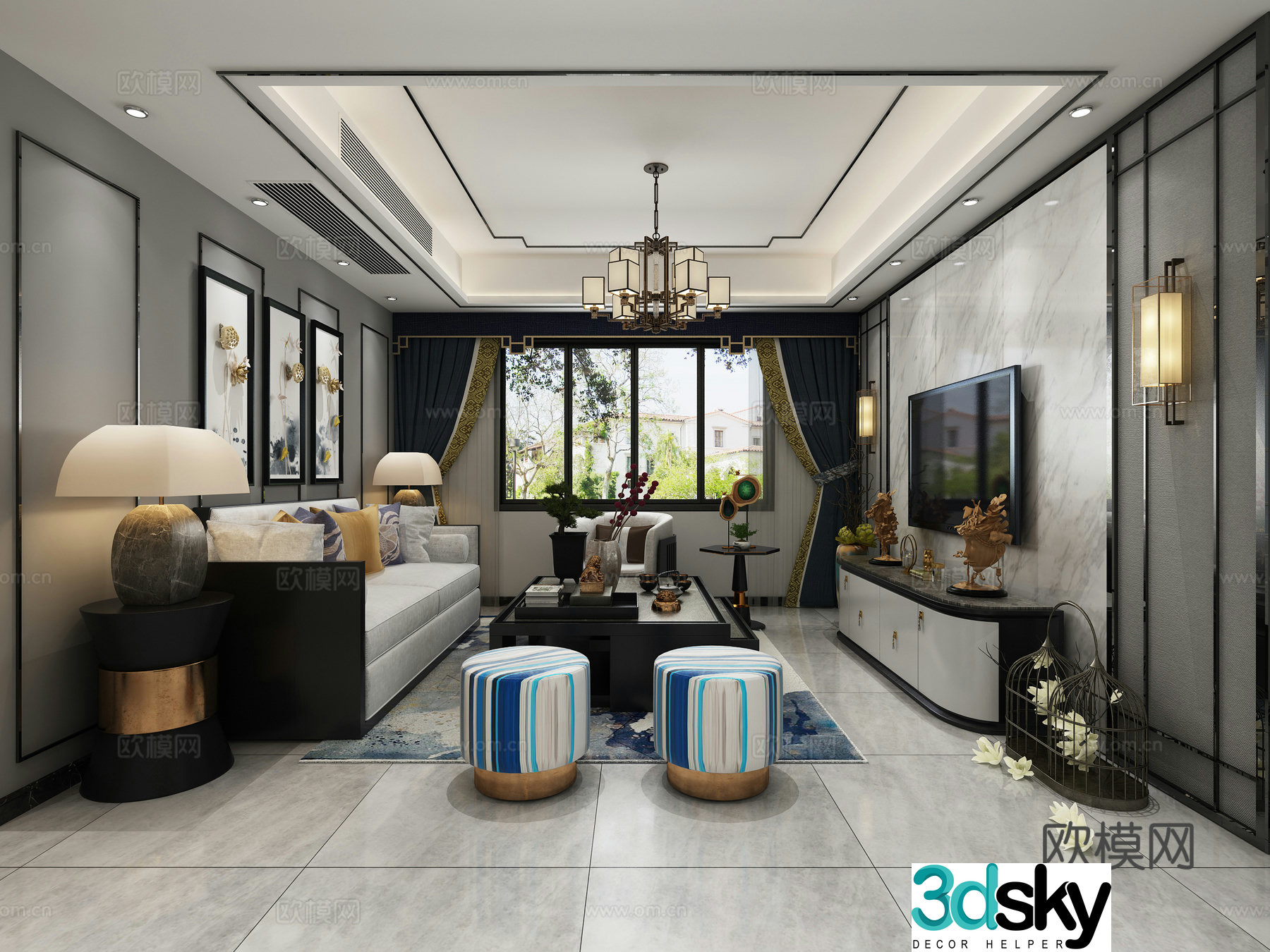 New Chinese style living and dining room New Chinese style sofa combination Dining table and chairs Coffee table corner table side table 3D model