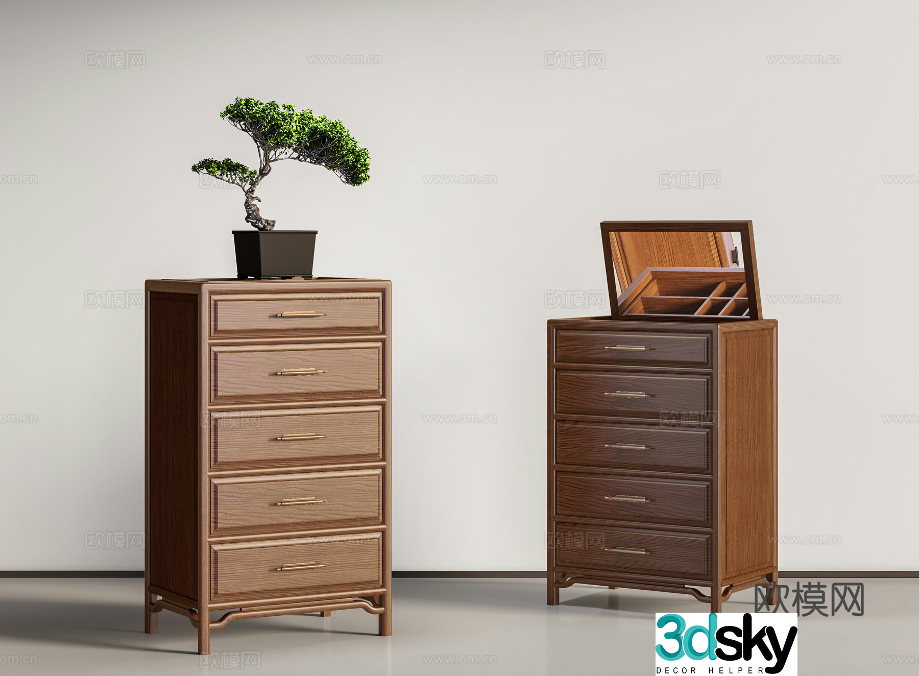 New Chinese style chest of drawers decorative cabinet plant combination 3D model