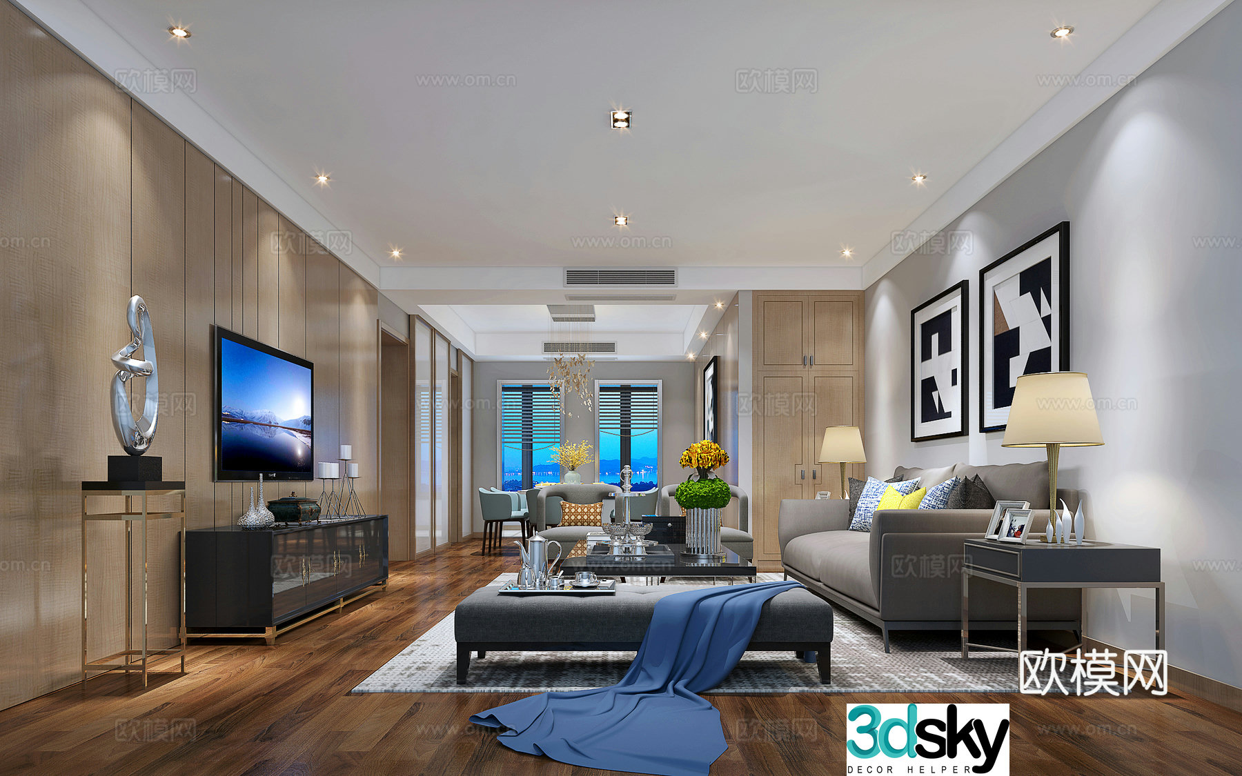 Modern style living and dining room sofa and coffee table dining table and chairs lights TV cabinet 3d model