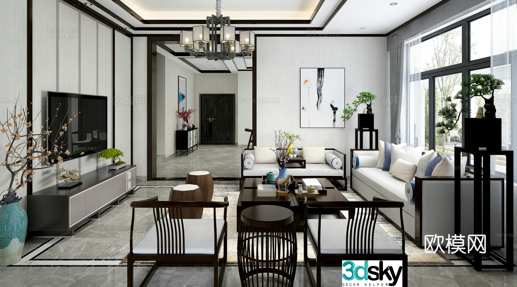 New Chinese living room sofa coffee table dining table chair hanging painting objects ornaments chandeliers wall accessories 3D model