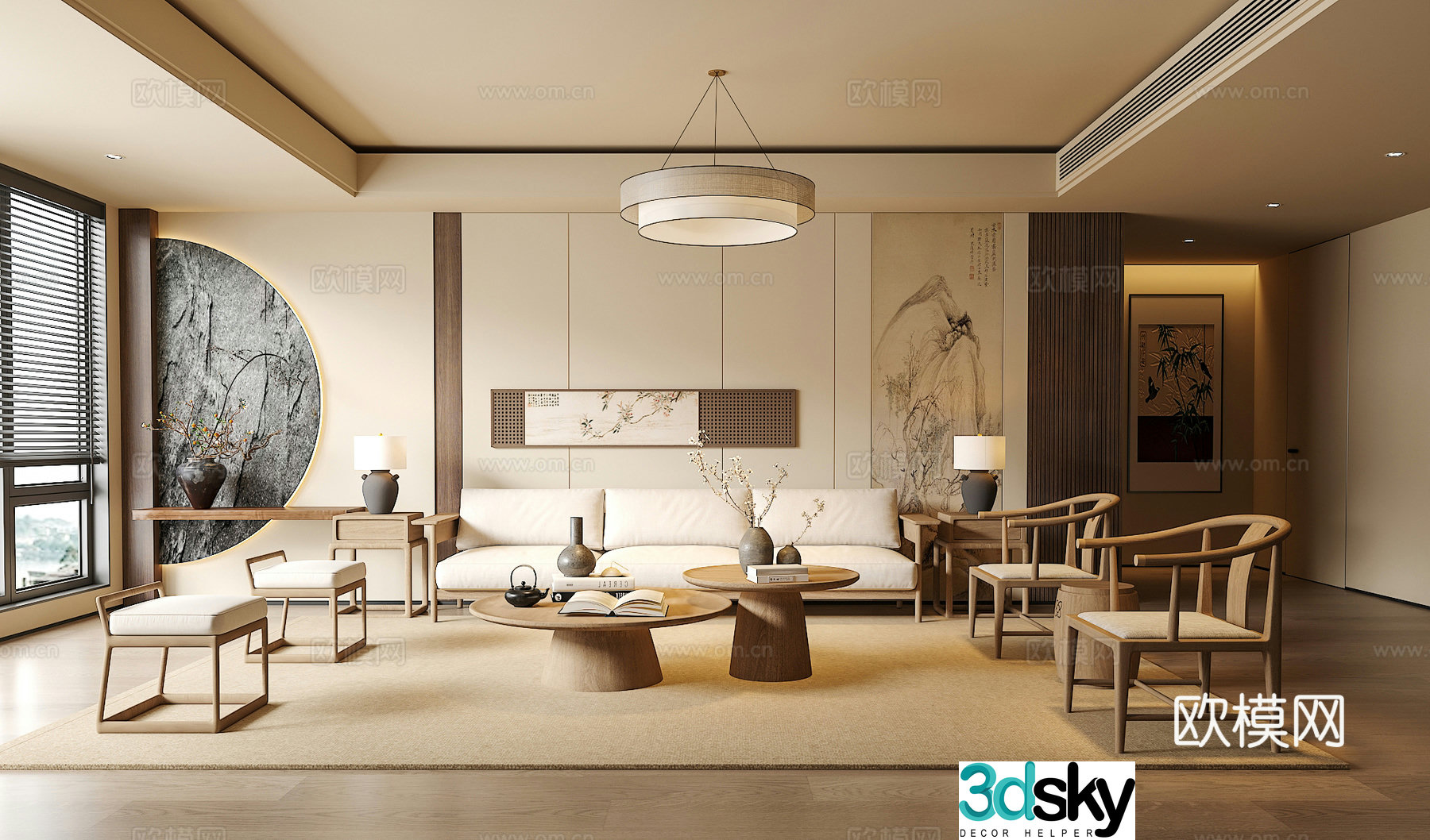 Song’s medieval style living room sofa and coffee table combination green plants accessories desk lamp chandeliers back 3D model