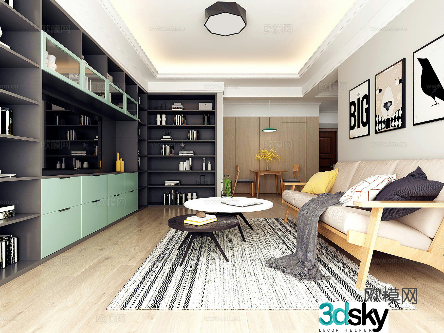 Modern Nordic living restaurant sofa coffee table dining table chair hanging painting objects ornaments chandeliers 3d model