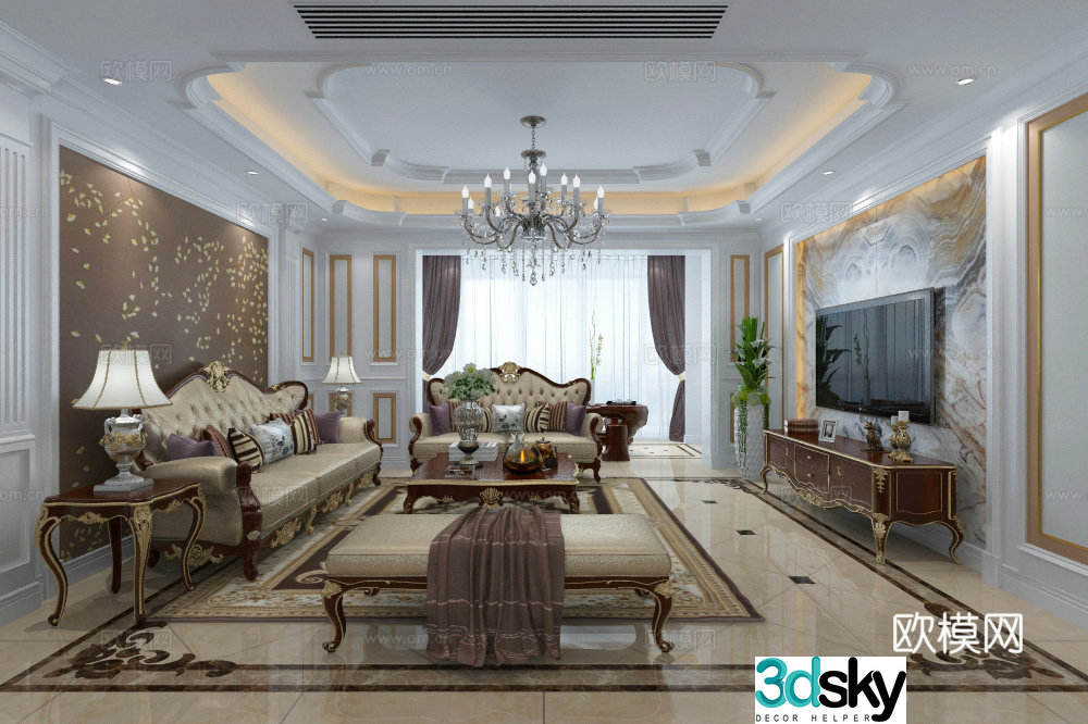 European style living and dining room 3D model