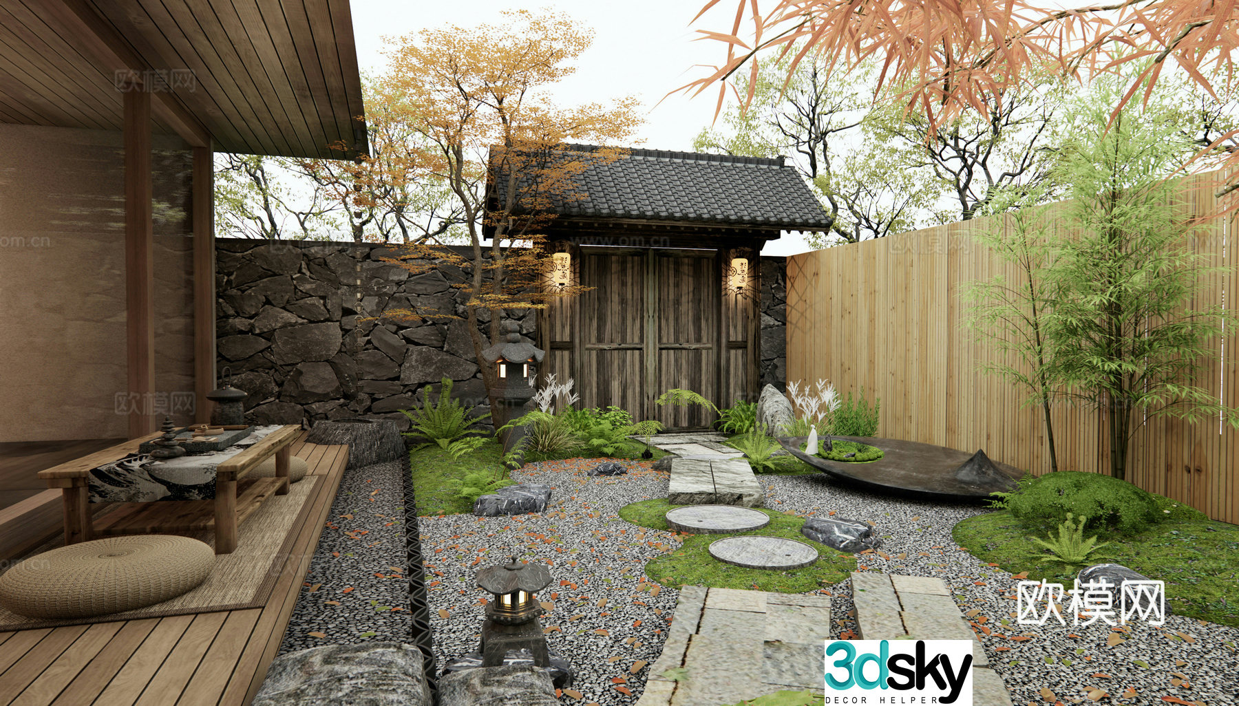 Japanese style courtyard landscape bluestone slab moss landscape courtyard gate landscape tree 3d model