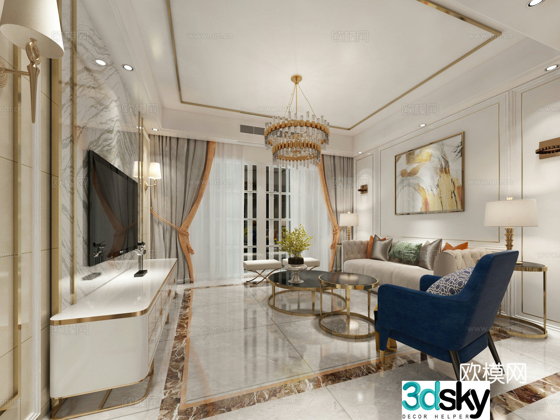 Simple European style living and dining room sofa coffee table TV cabinet hanging painting chandeliers 3D model