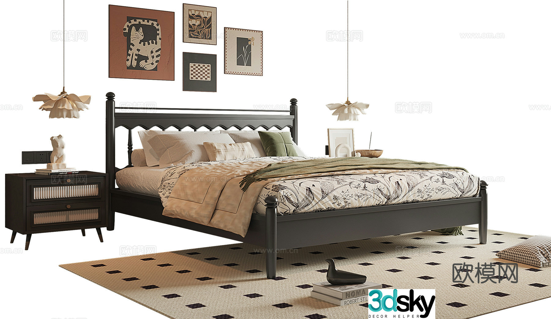 French medieval style double bed 3D model
