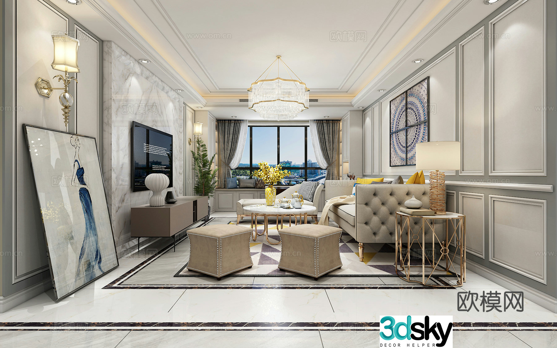 American simple living dining room entrance sofa coffee table dining table chair desk lamp TV cabinet bay window 3D model