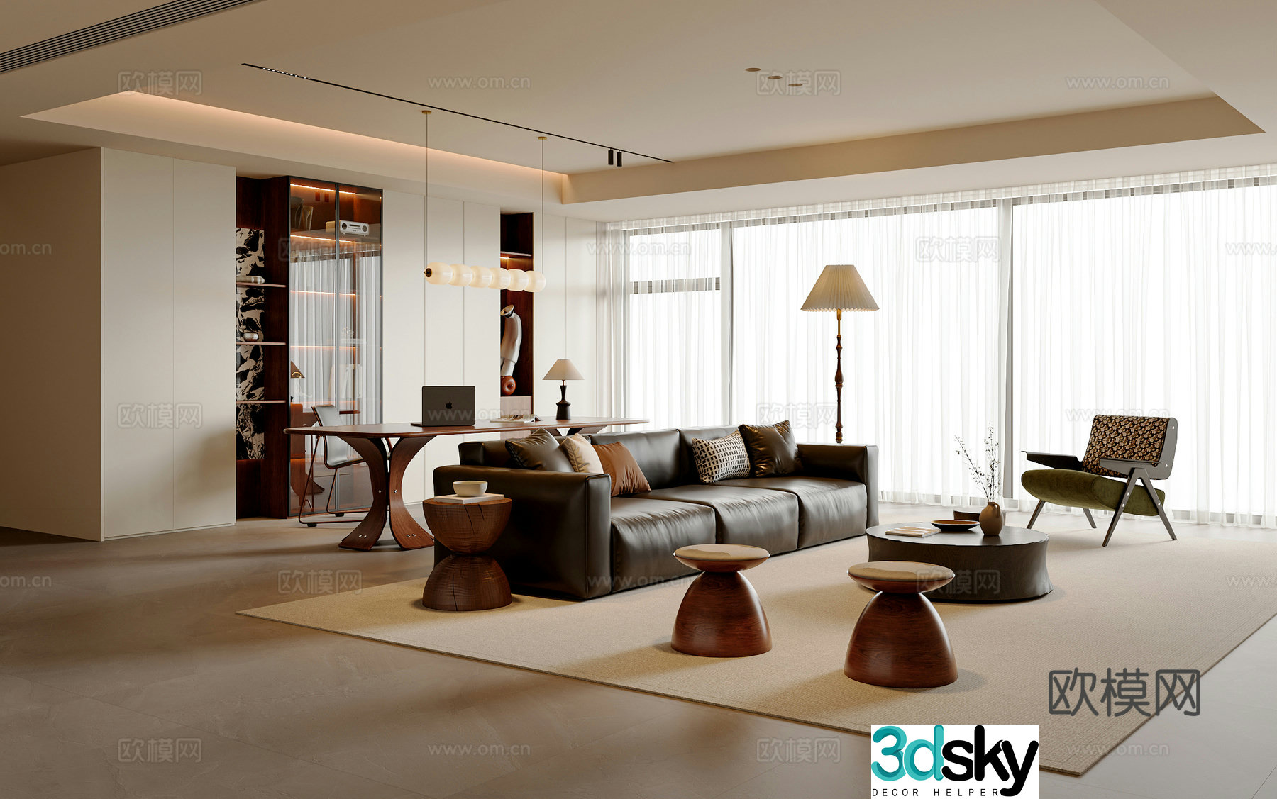 Modern medieval living room sofa and coffee table combination bookcase desk and chair combination chandelier floor lamp 3D model