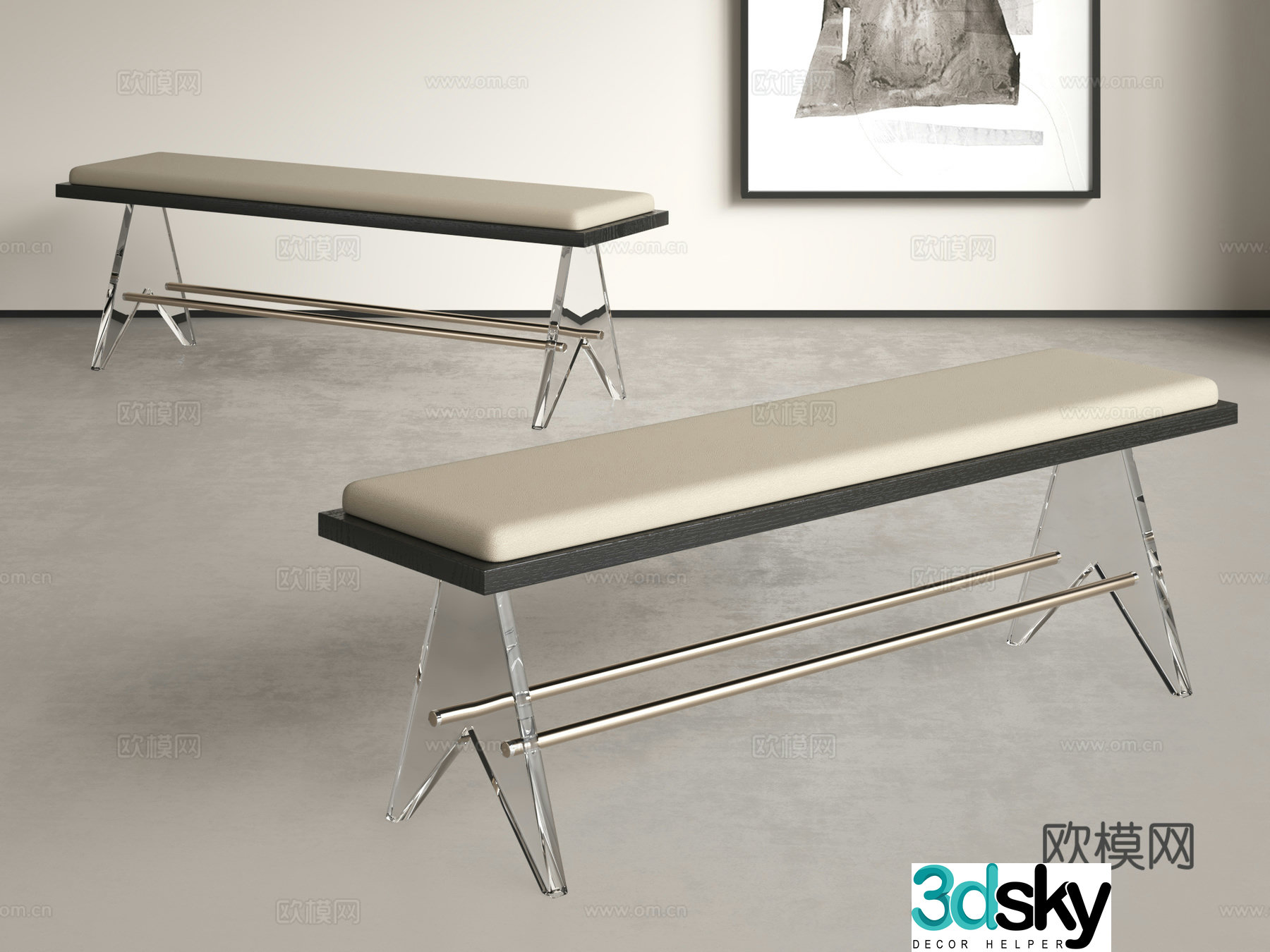Modern long bench acrylic bench simple shoe changing stool bedroom bed tail stool 3D model