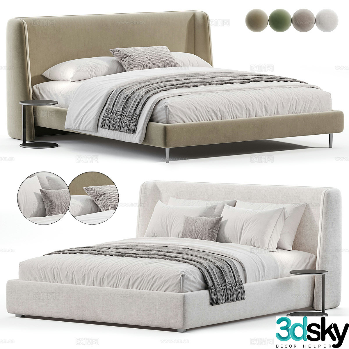 Modern Italian cream style fabric double bed 3d model