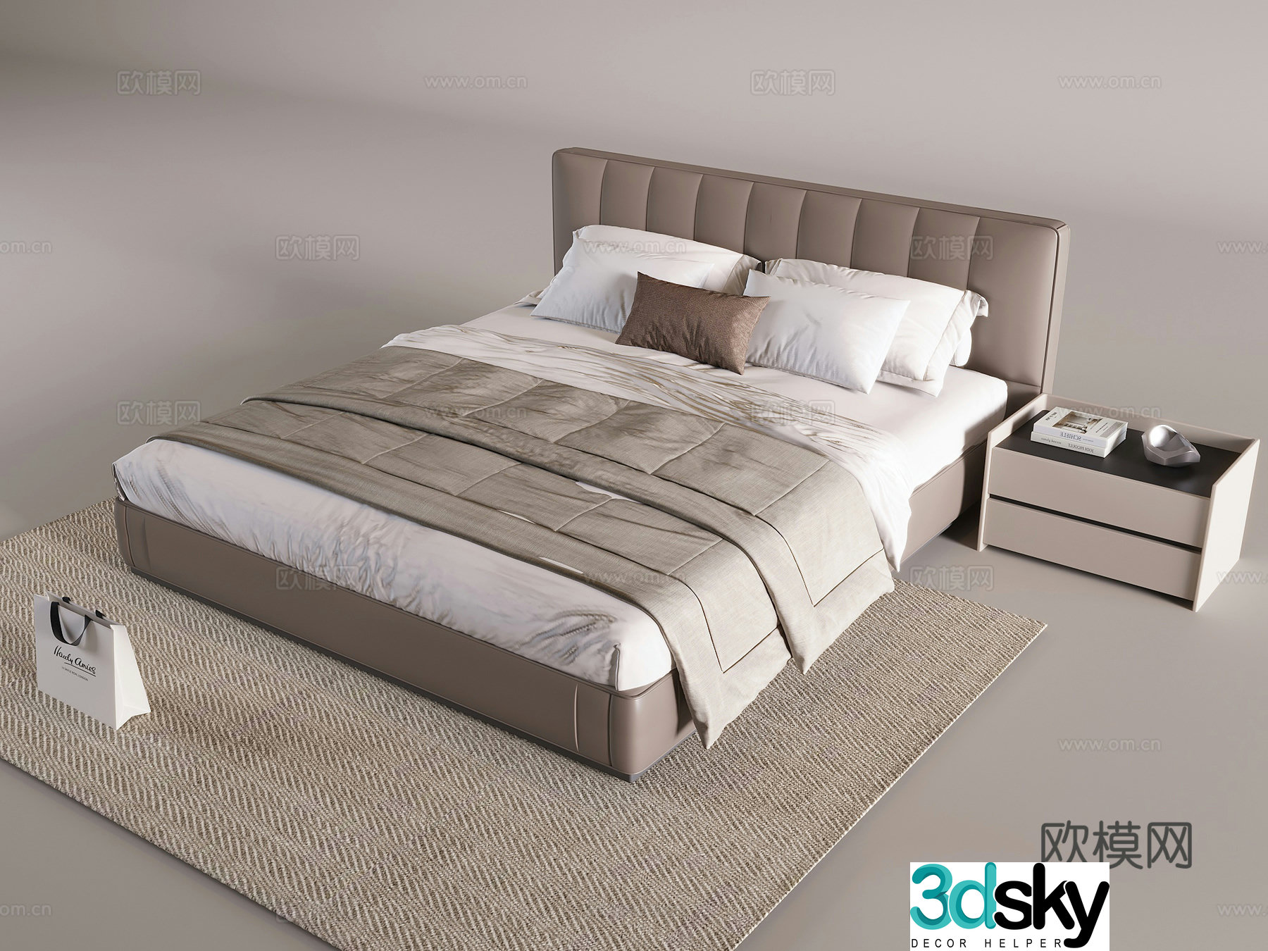 Nordic solid wood double bed bed nightstand bedding quilt pillow pillow 3D model