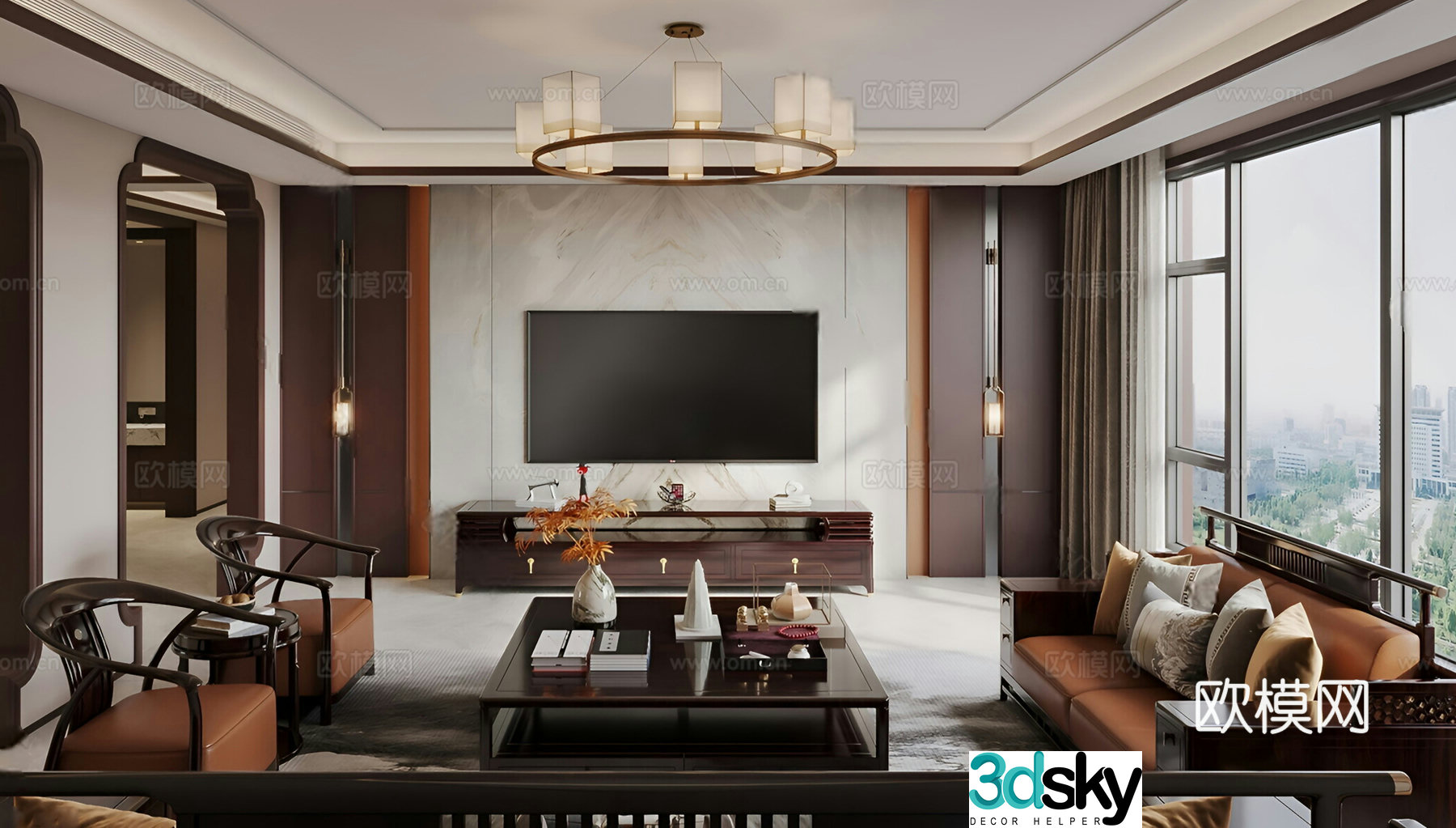 New Chinese style retro home living room sofa coffee table TV background sofa background chandelier 3d model