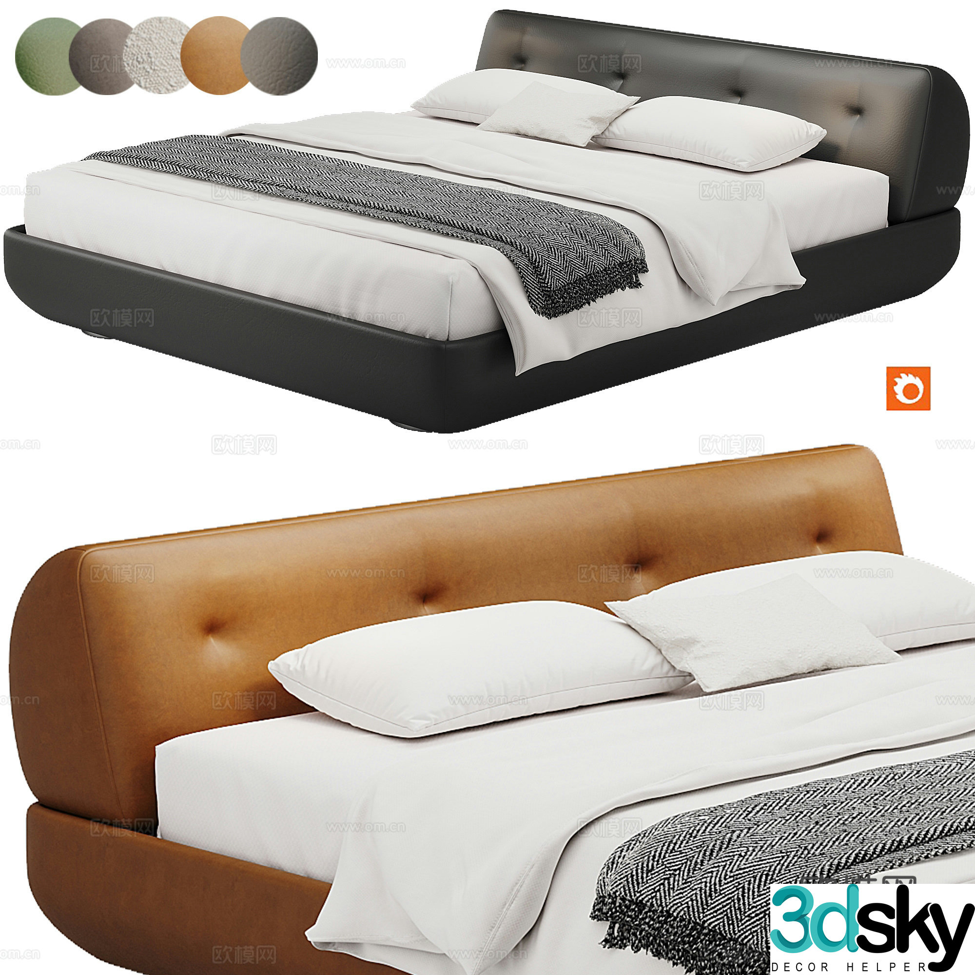 Modern bedroom fabric double bed bed pillow mattress 3d model