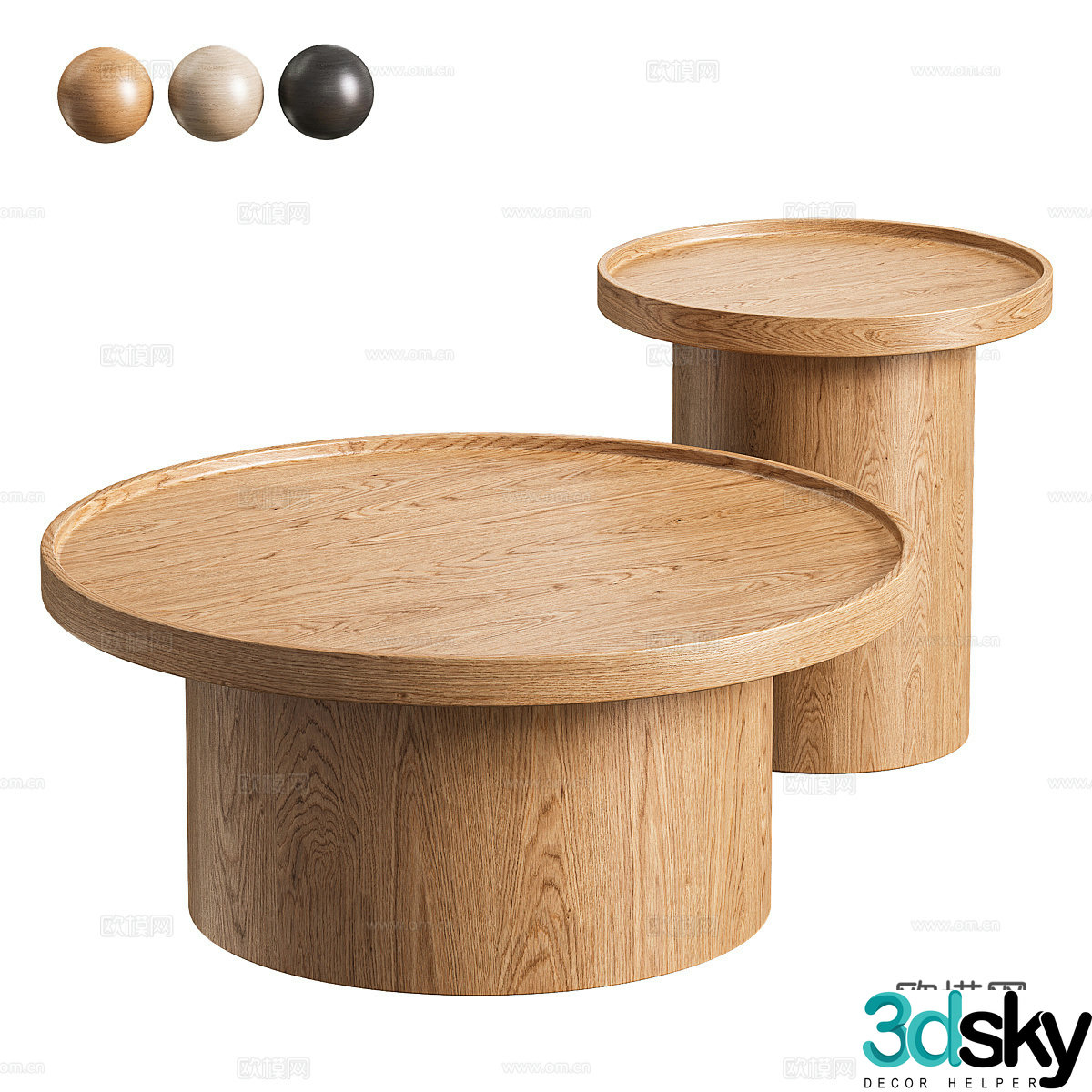 Modern Italian solid wood round coffee table combination 3D model
