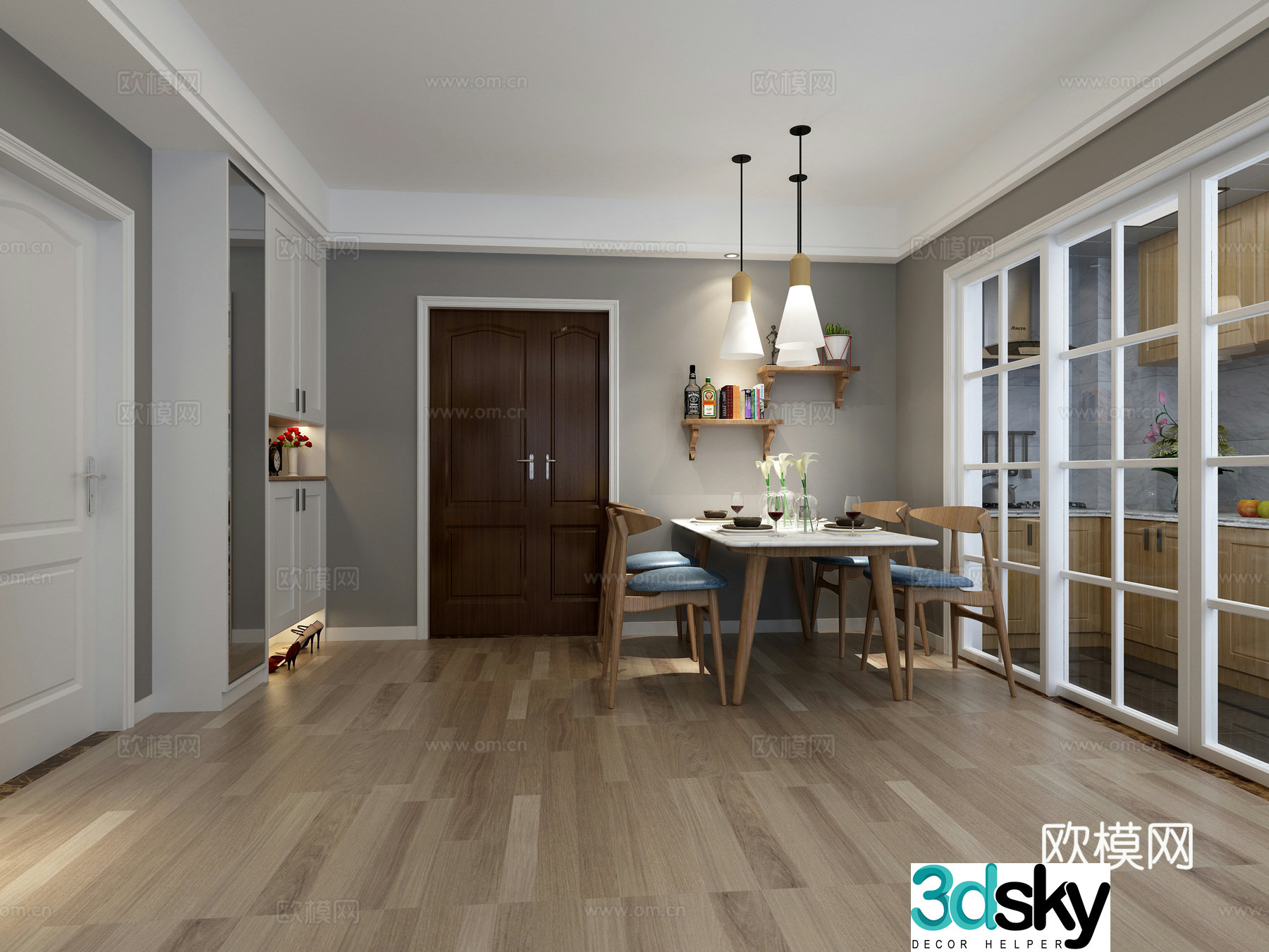 Nordic IKEA dining room dining table and chair chandeliers 3D model