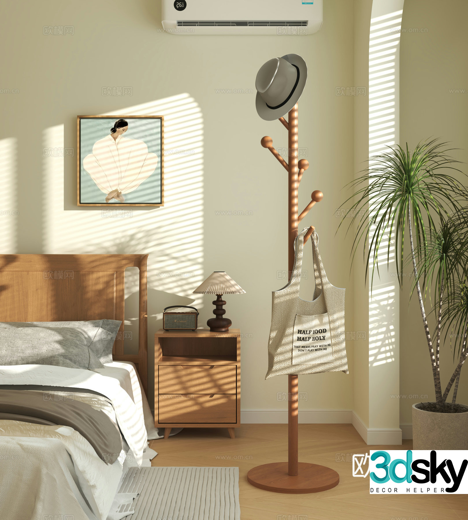 Modern clothes hanger chest of drawers bedside table green plant potted 3D model