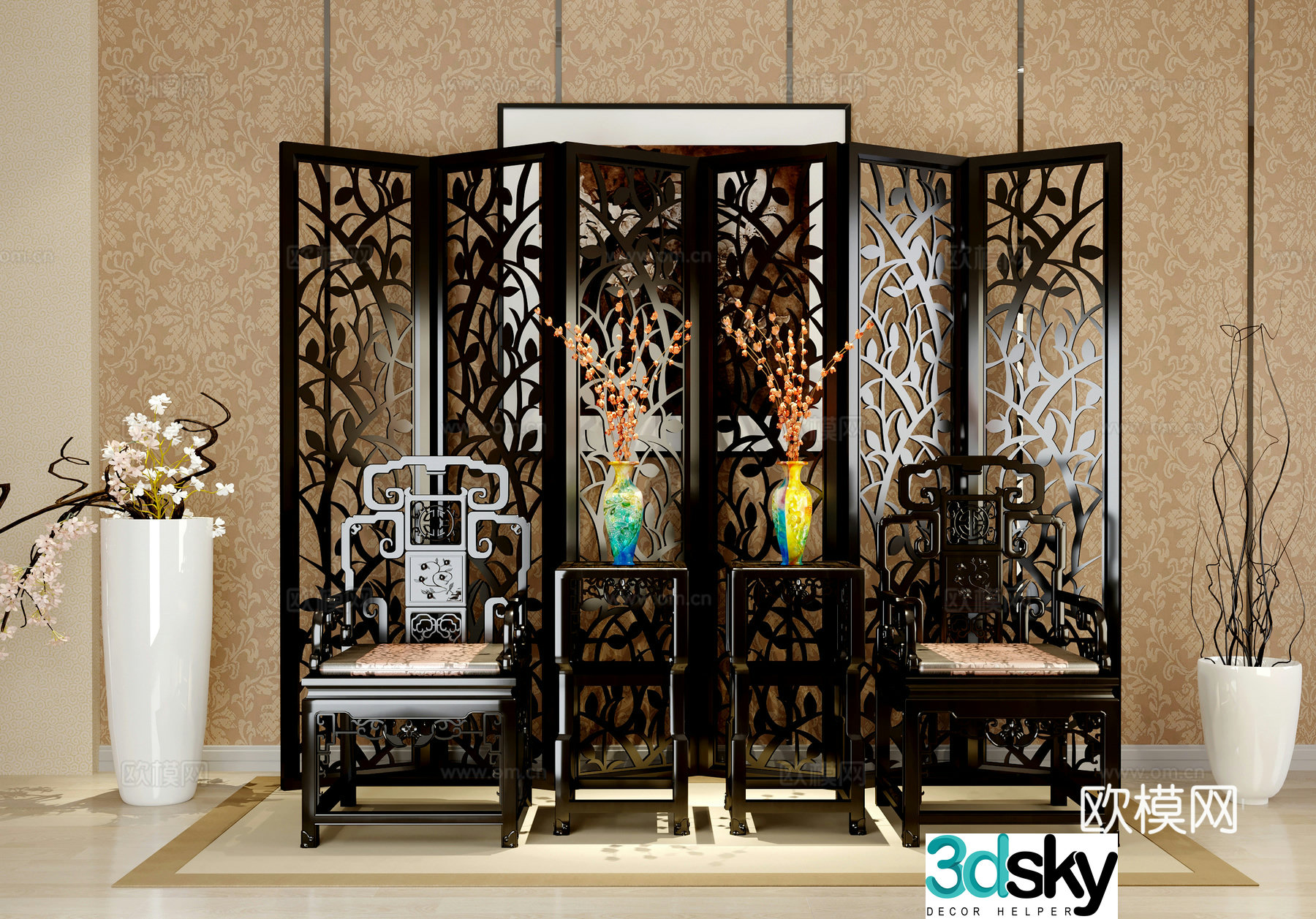 Chinese single chair porch plant screen carpet hanging painting potted plant 3D model
