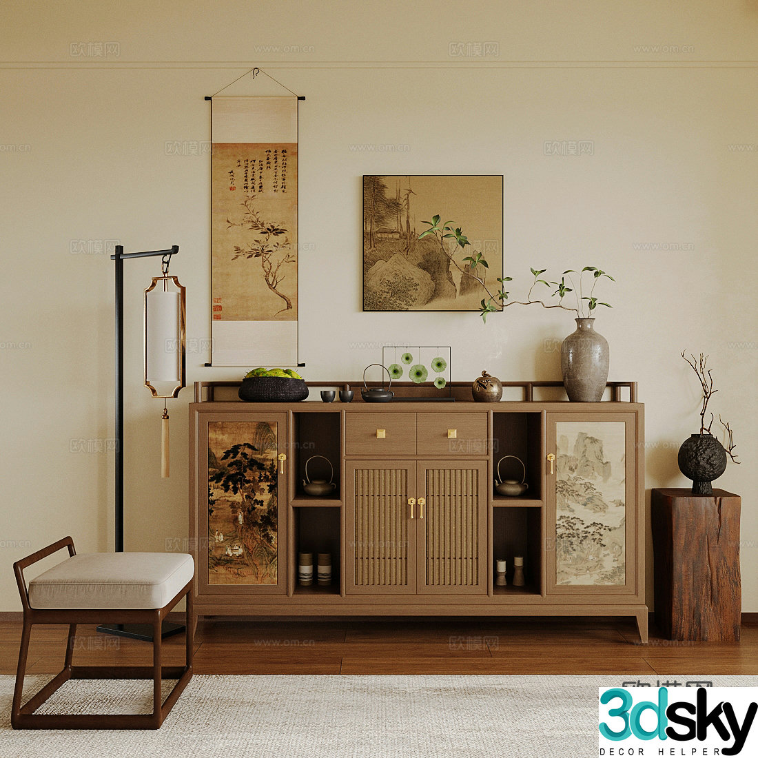 New Chinese Zen Entrance Cabinet New Chinese Zen Entrance Cabinet Duanjing Entrance Cabinet New Chinese Decoration Cabinet 3D Model