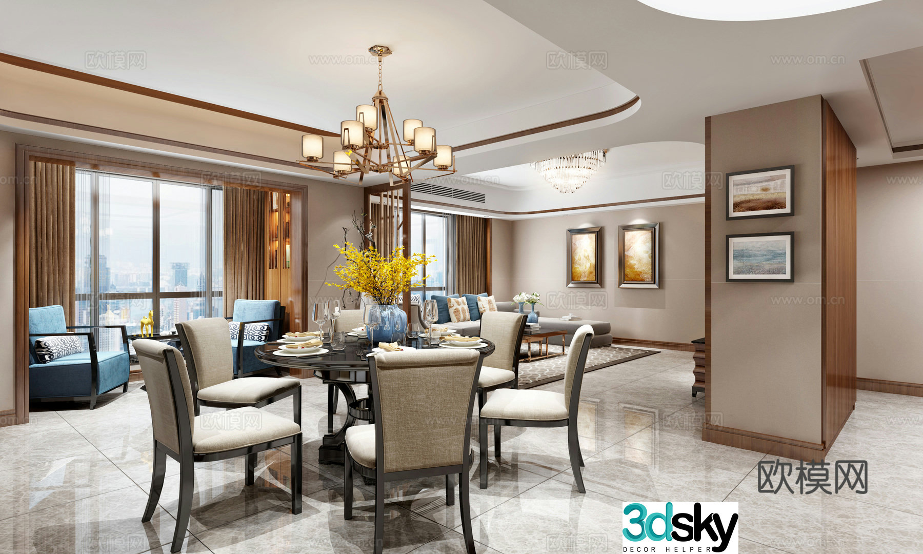 Modern living and dining room sofa coffee table dining table chair chandeliers TV cabinet leisure chair 3d model