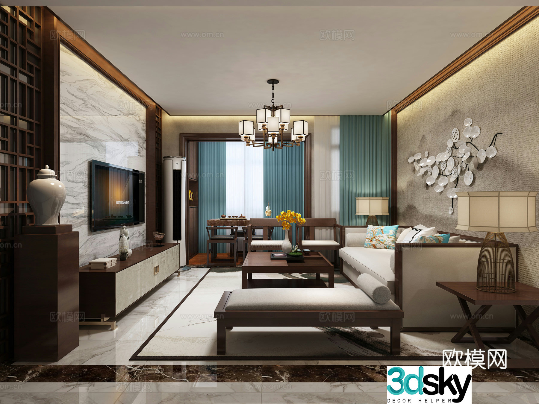 New Chinese style living and dining table chair sofa coffee table chandeliers desktop ornaments 3D model of hanging paintings
