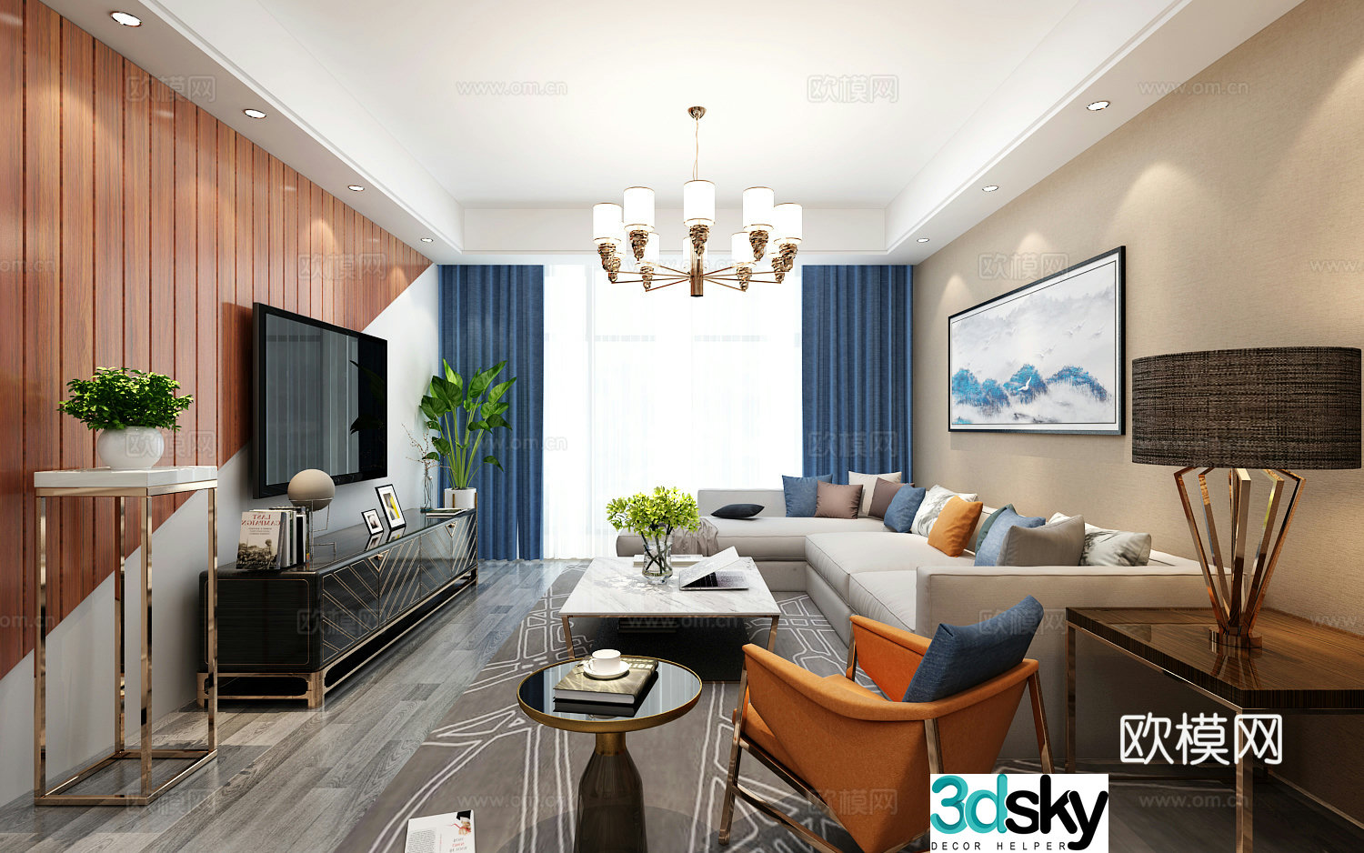 Modern style living and dining room leisure room sofa coffee table dining table chair chandeliers cabinet 3d model