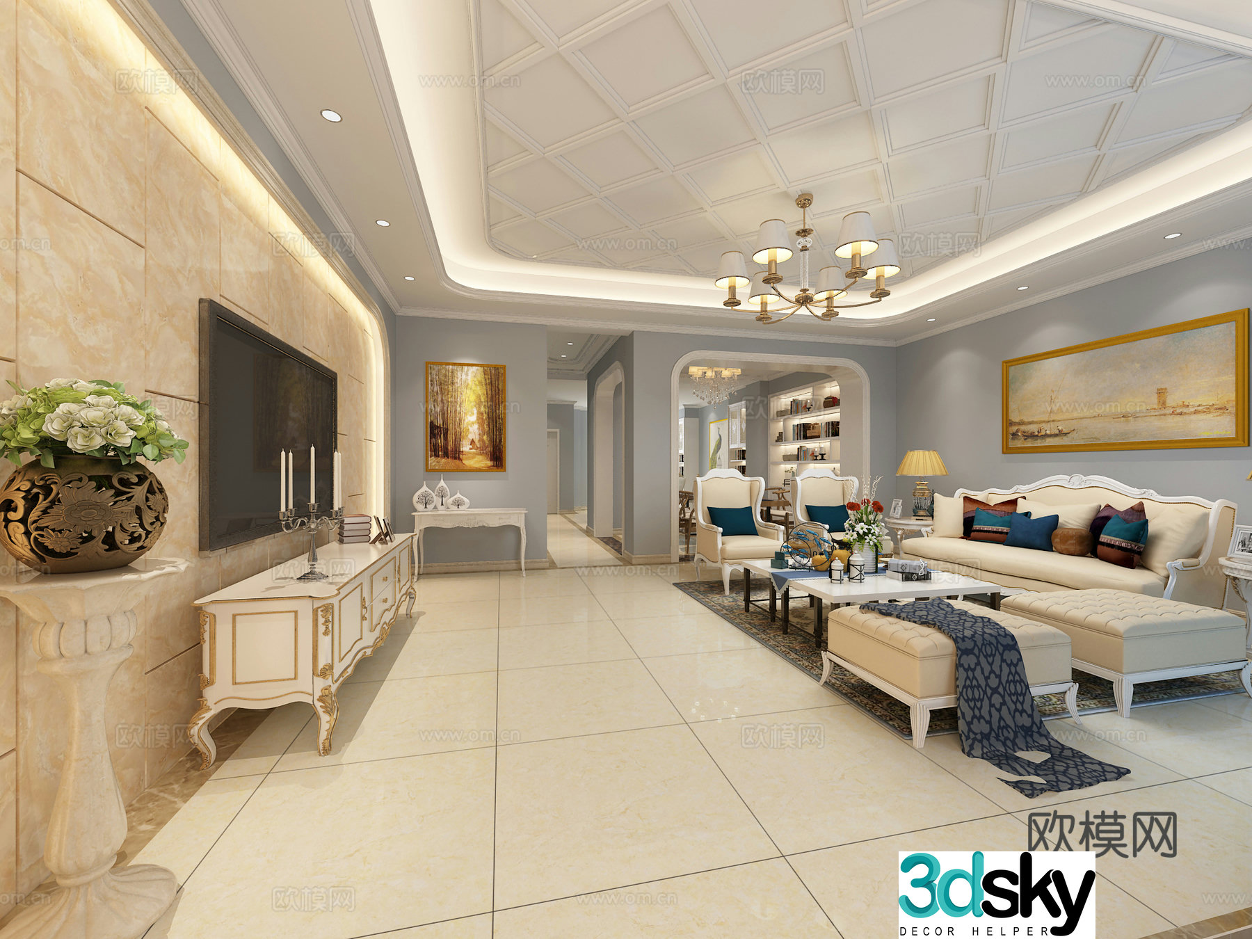 European-style simple living restaurant dining table and chair sofa coffee table chandelier desktop ornaments hanging painting 3D model