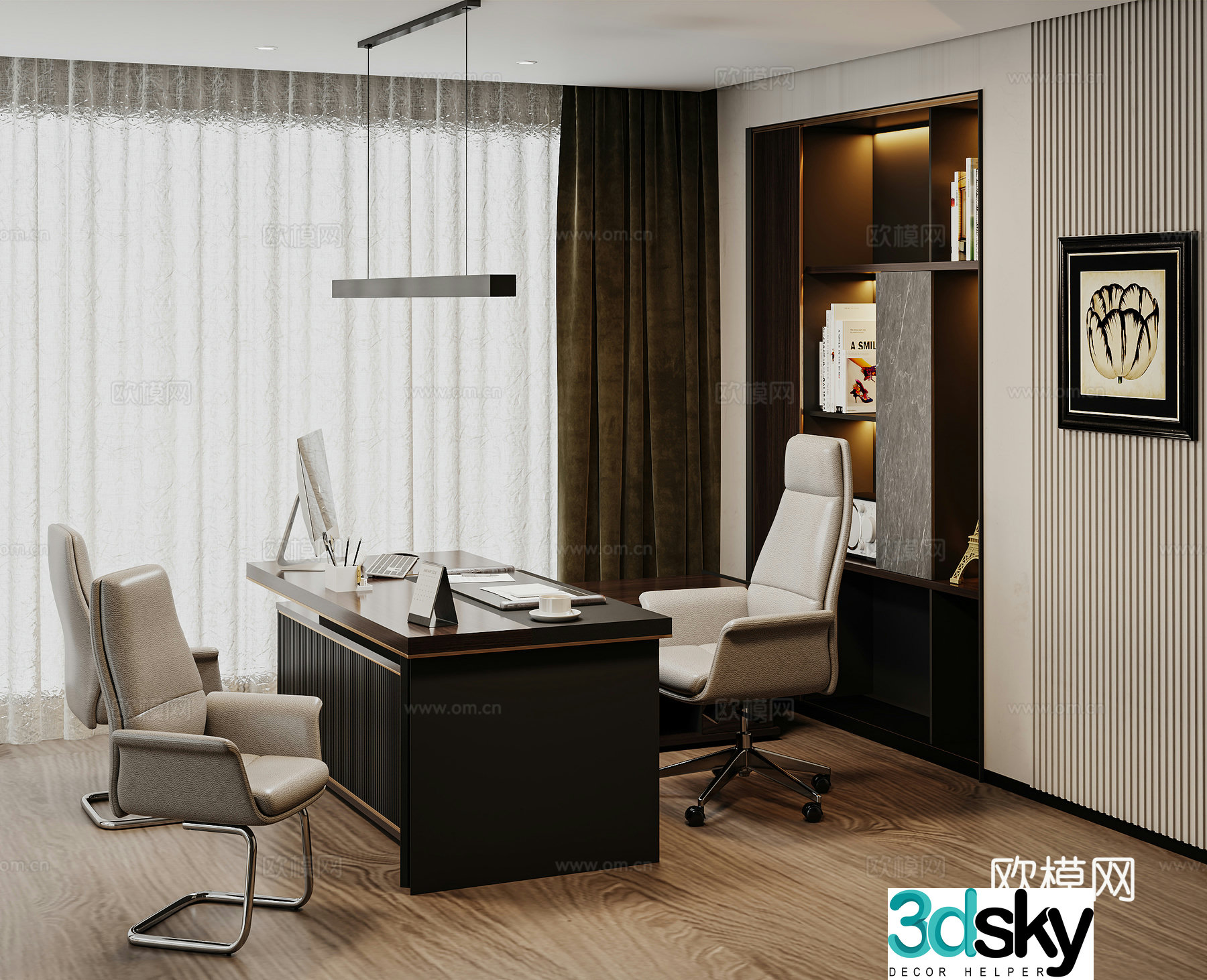 New Chinese study office desk and chair combination Chinese bookcase office chair staff chair single chair 3D model