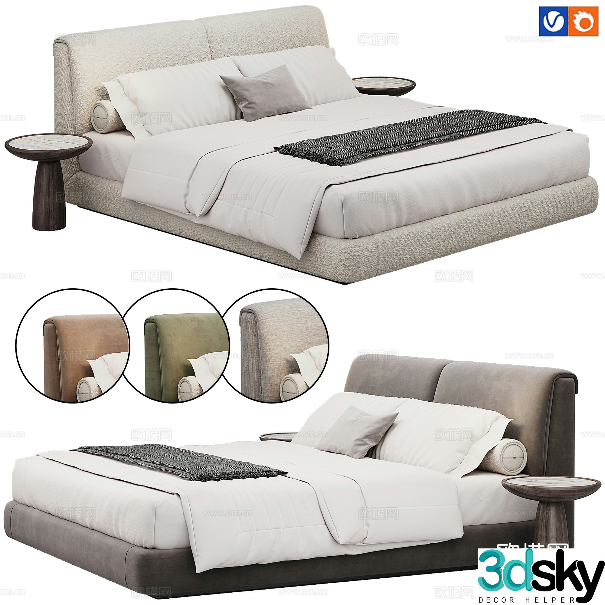 Modern bedroom fabric double bed bed pillow mattress 3d model