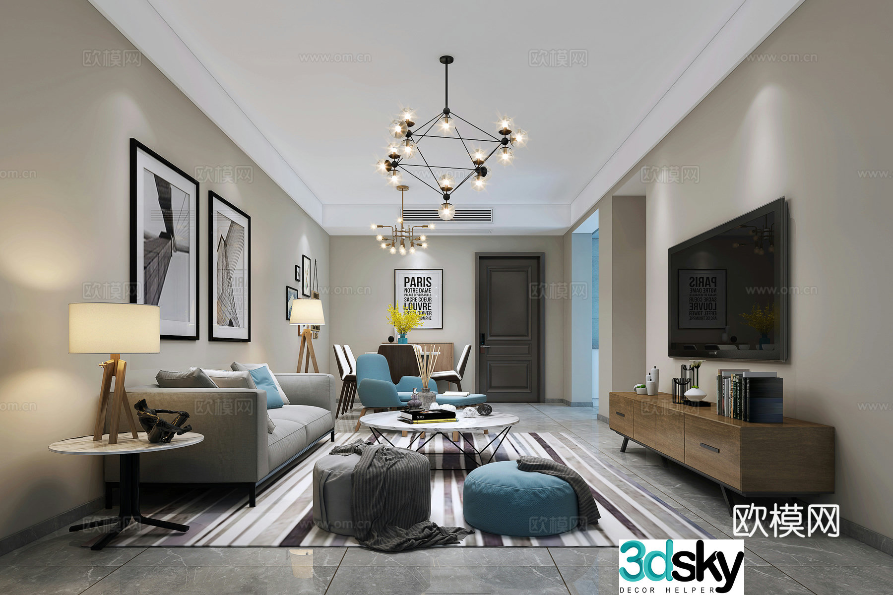 Modern living and dining room sofa and coffee table TV cabinet dining table 3D model
