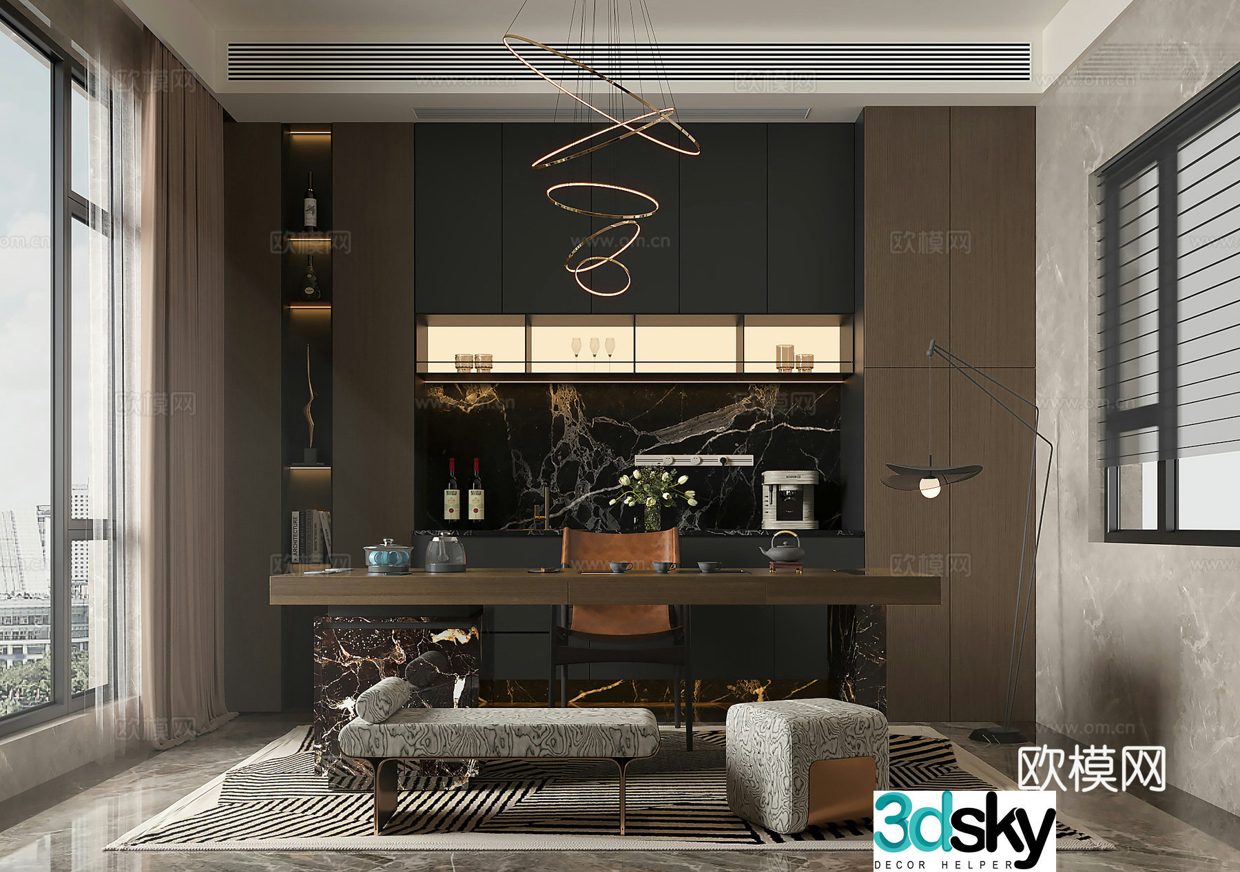 Italian light luxury tea room wine cabinet dark sideboard western kitchen cabinet Italian tea table and tea table combination constant temperature red 3D model