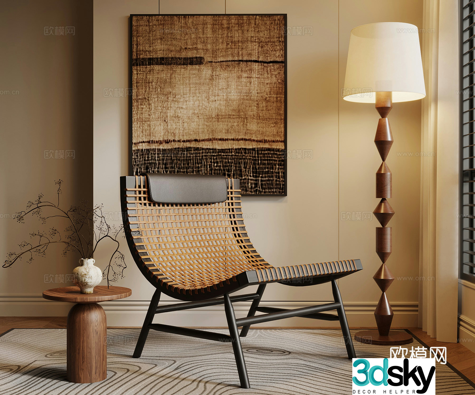 Medium style leisure chair floor lamp side table decorative painting 3D model