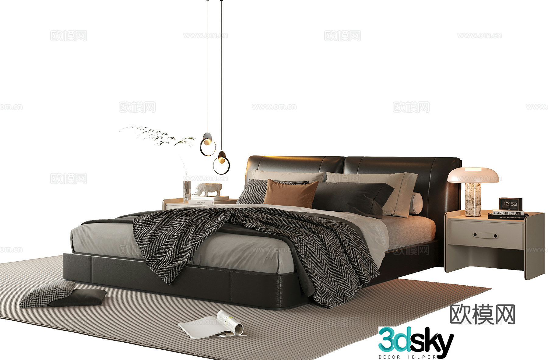Modern double bed bedside table bedside chandeliers 3d model