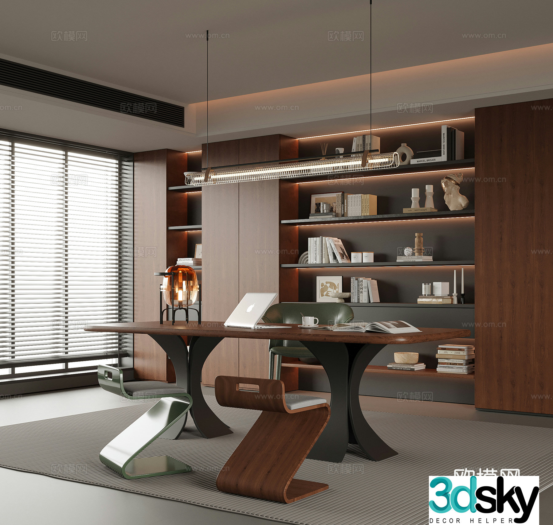 Modern study desk chair bookcase stool 3d model
