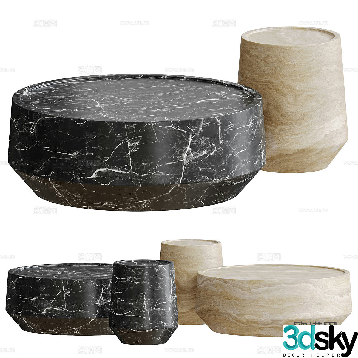 Modern Italian marble round coffee table combination 3D model