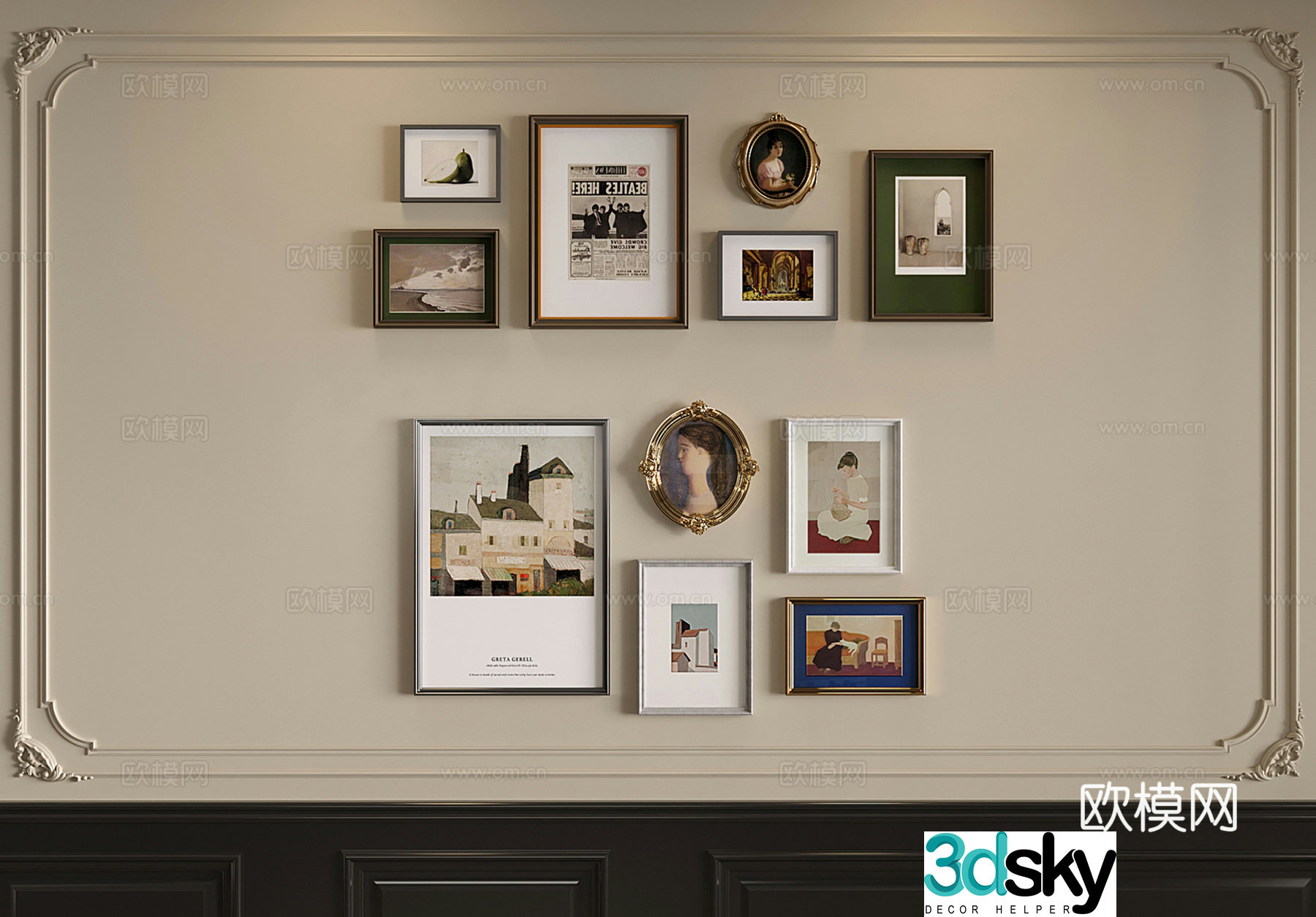 French hanging paintings retro decorative paintings murals background wall hanging paintings 3D model