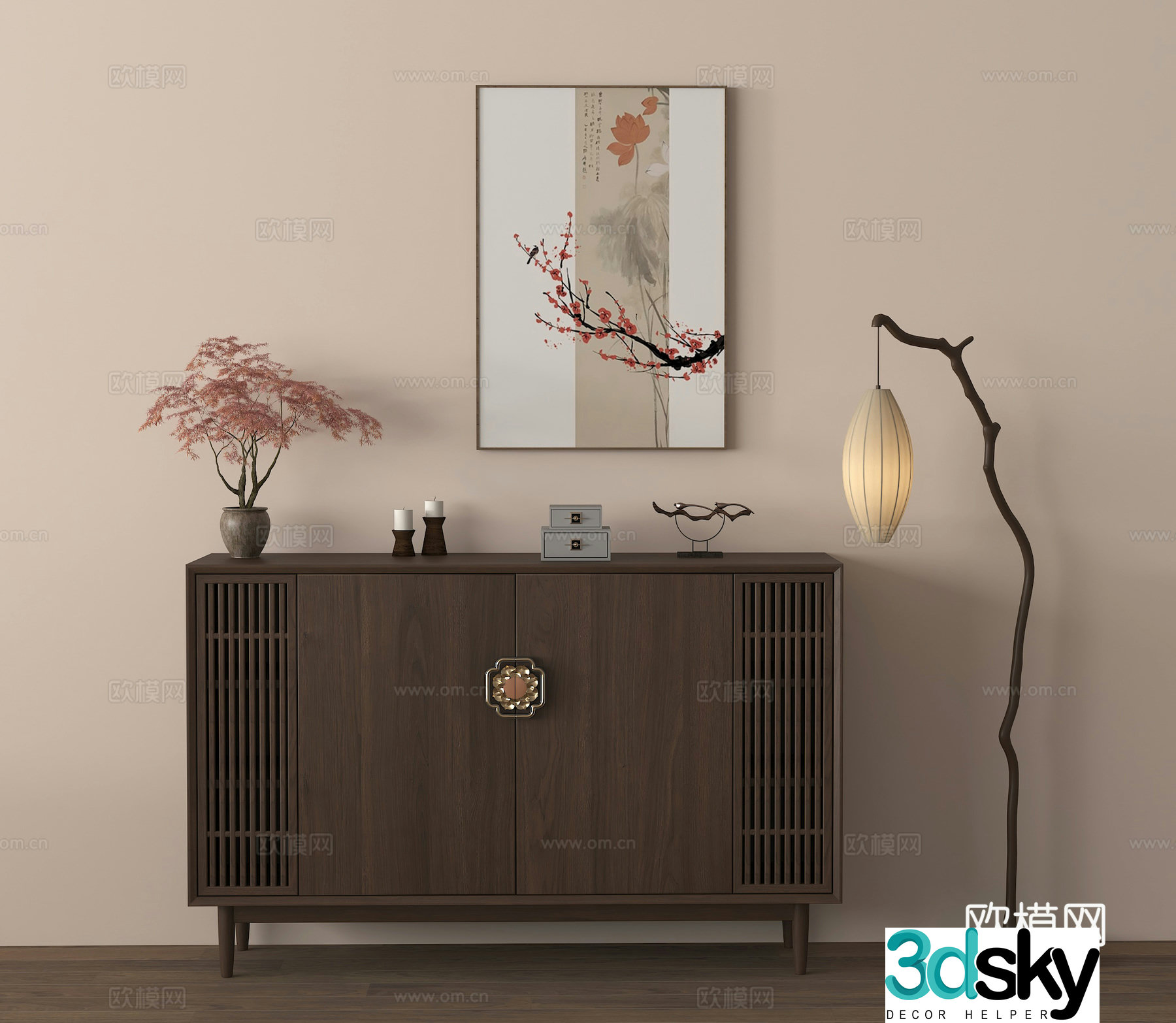 Entrance cabinet chest of drawers side cabinet floor lamp hanging painting floral vase ornament 3D model
