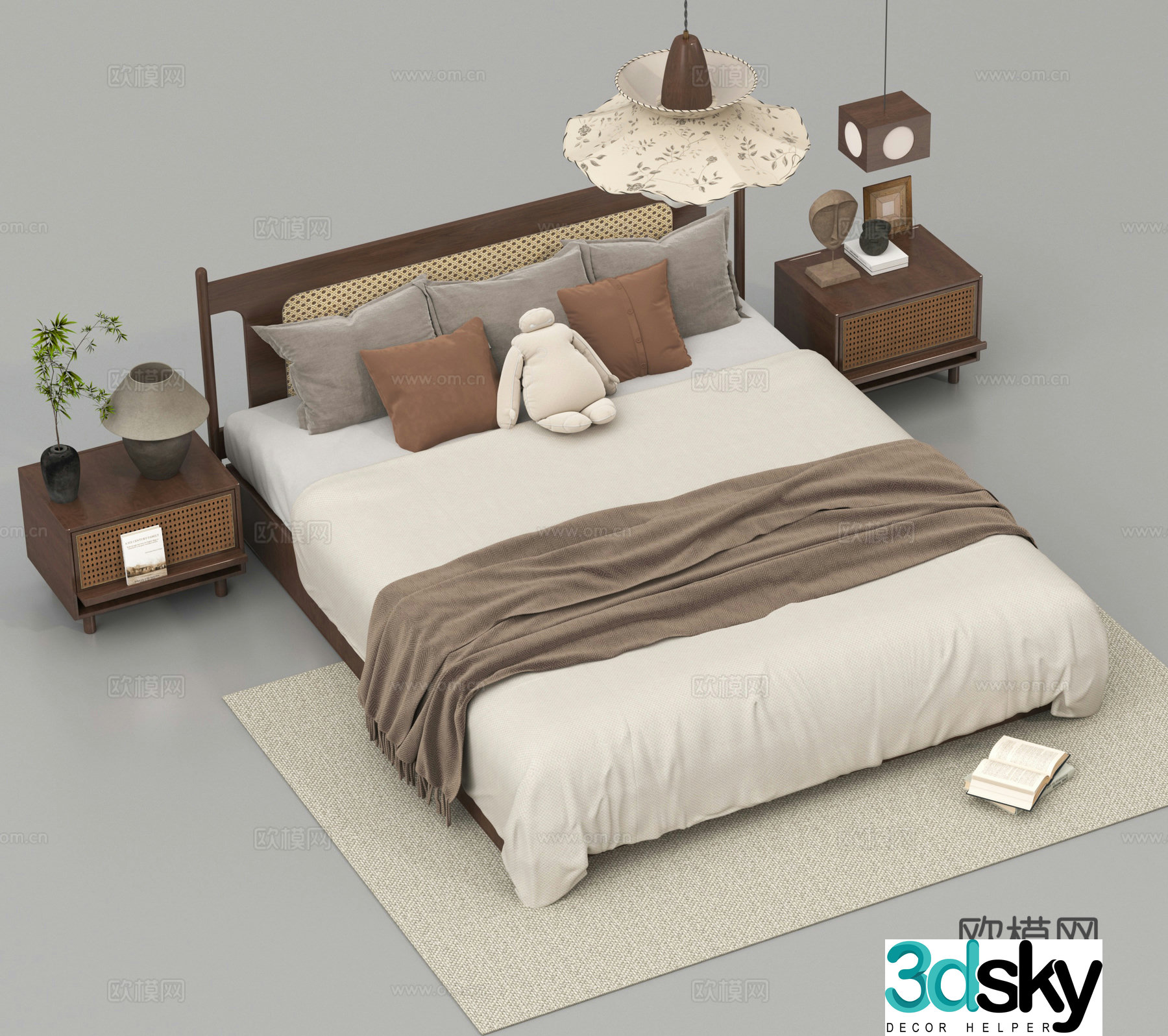 Double bed bedding bedside table lamp 3d model