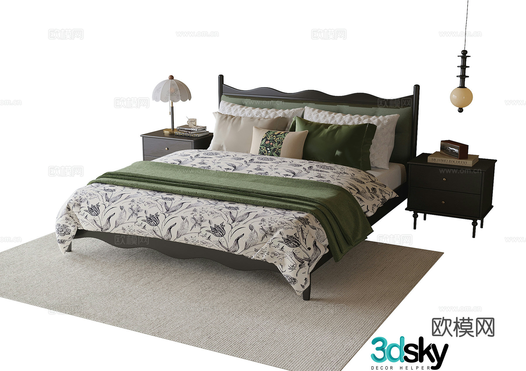 French double bed nightstand 3d model