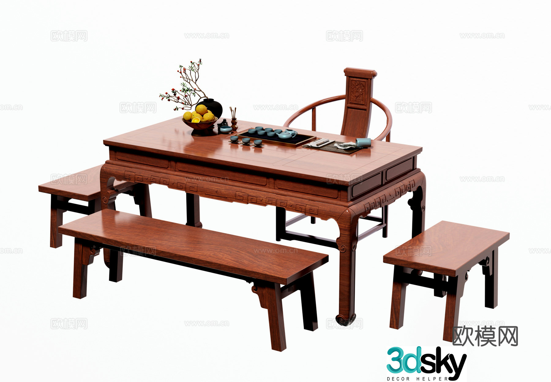 Chinese solid wood tea table combination 3D model