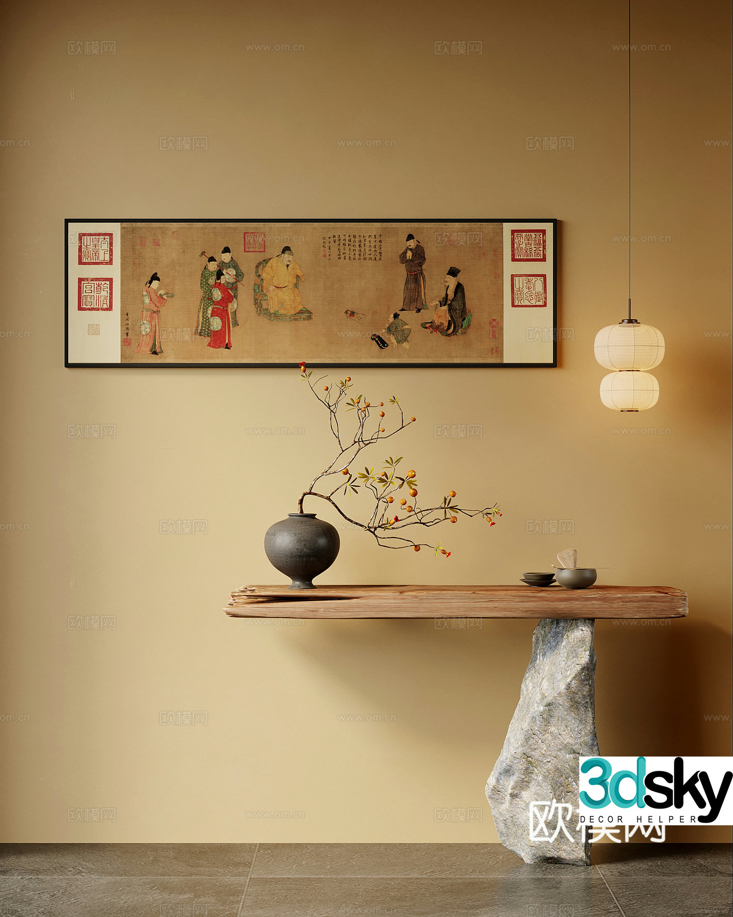 Porch new Chinese style porch end viewing platform decorative painting chandelier 3d model