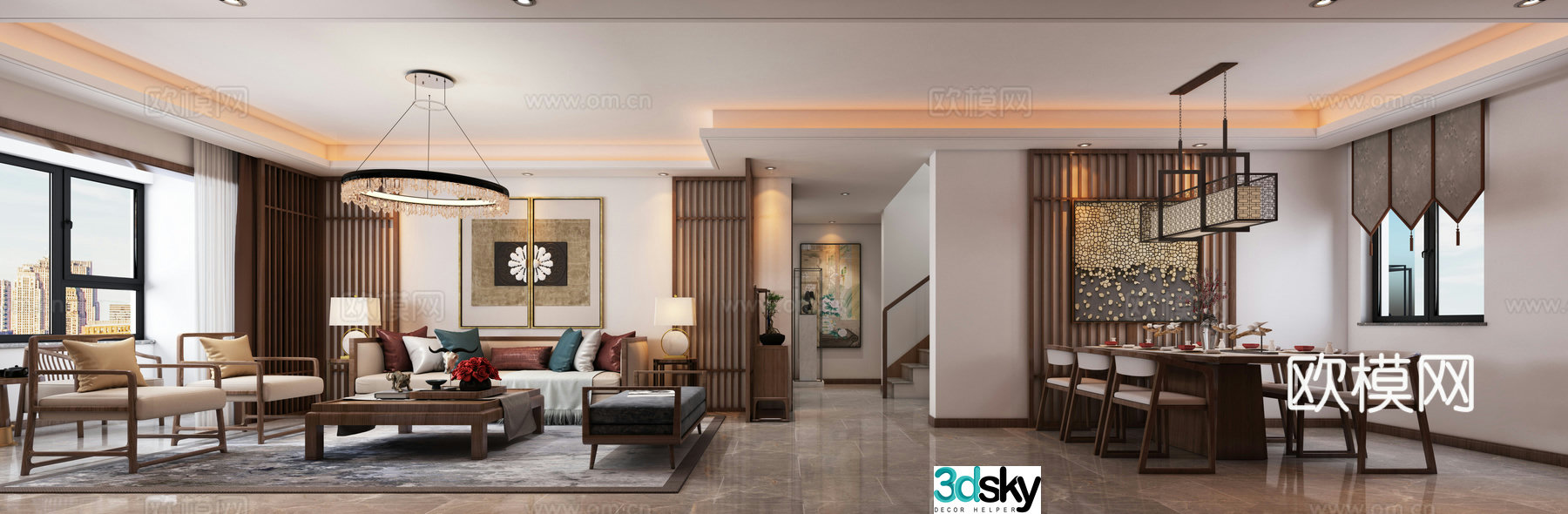 New Chinese style living room and dining room sofa and coffee table dining table and chairs hanging paintings objects ornaments chandeliers 3D model