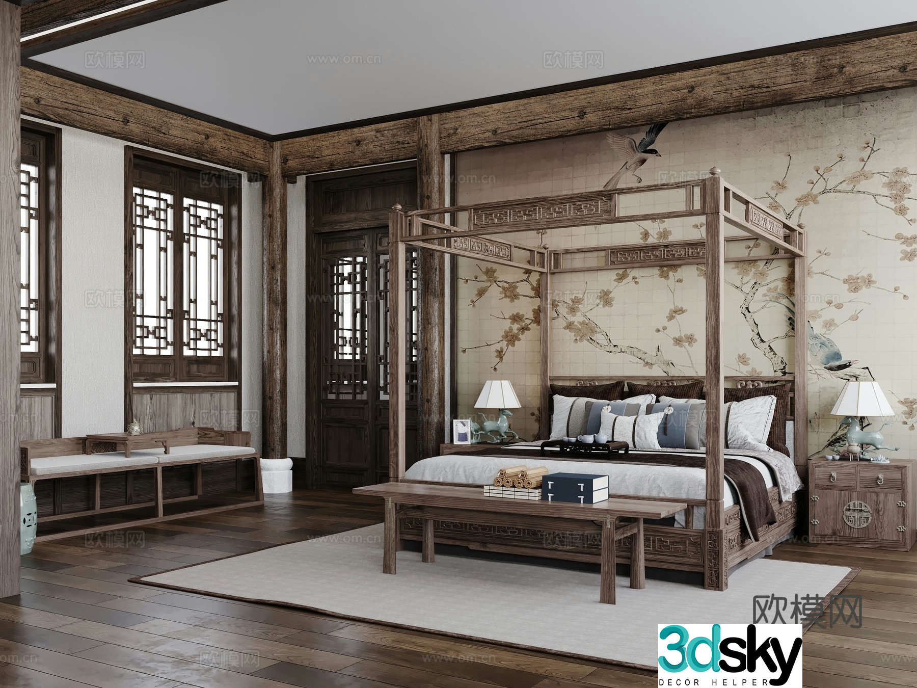 Chinese style bedroom master bedroom bed retro bed nightstand wall decoration door pedal multi-person sofa 3D model